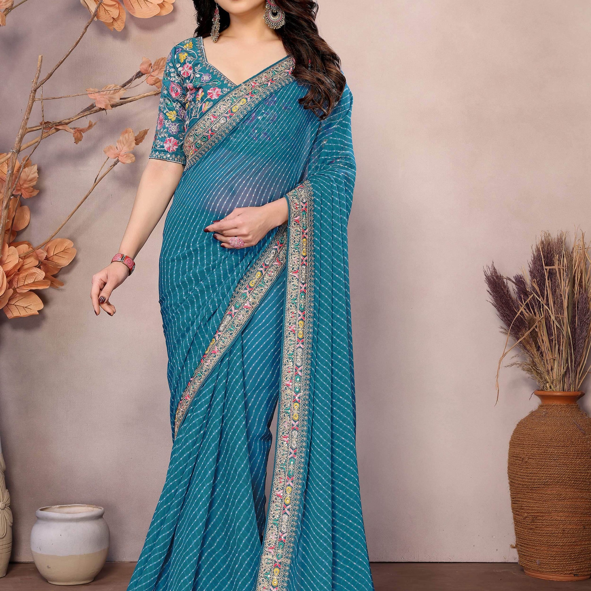 Splendid Teal Blue Embroidery Border Georgette Traditional Saree With Blouse - Zeel Clothing