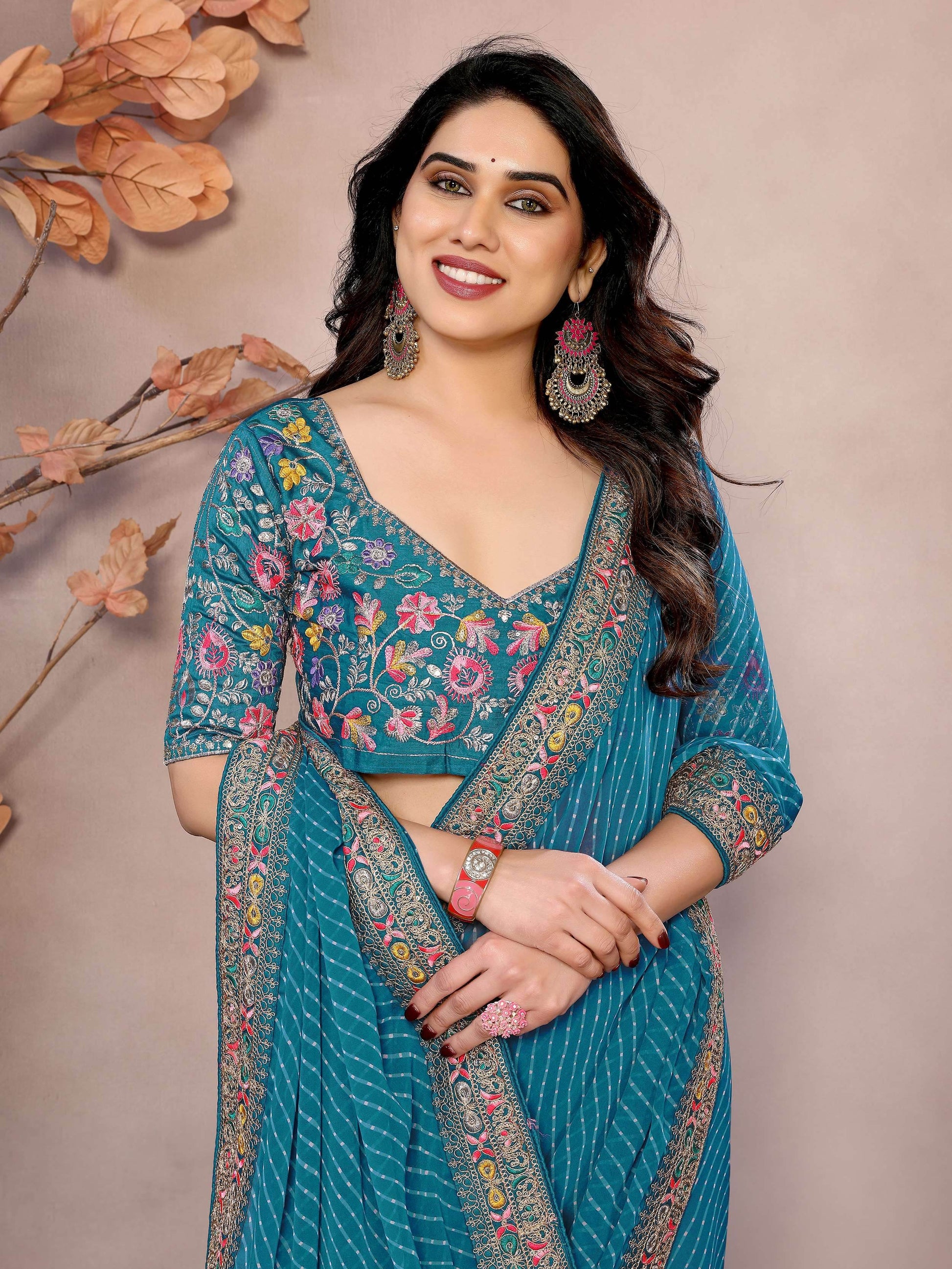 Splendid Teal Blue Embroidery Border Georgette Traditional Saree With Blouse - Zeel Clothing