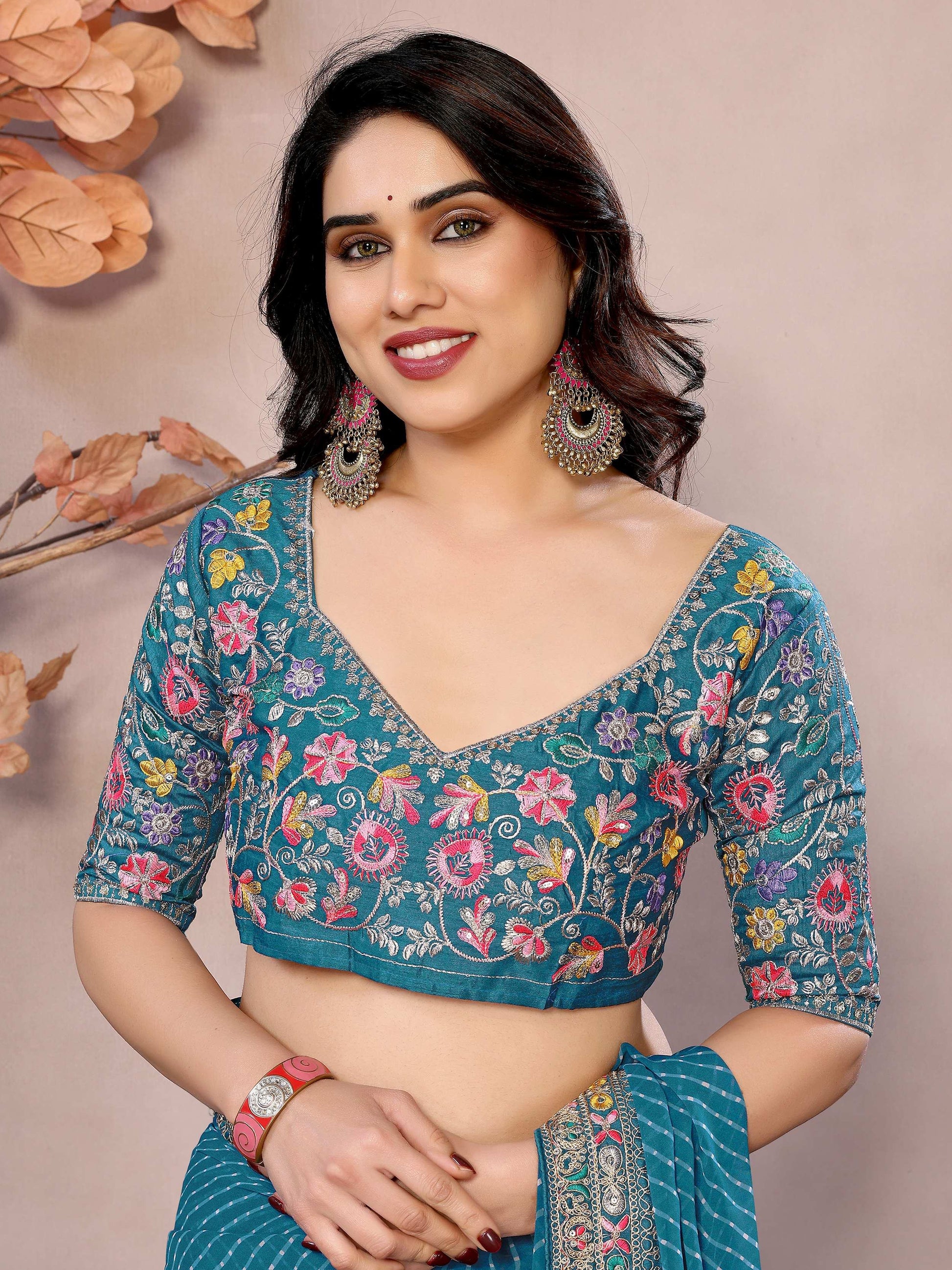 Splendid Teal Blue Embroidery Border Georgette Traditional Saree With Blouse - Zeel Clothing