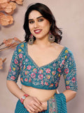 Splendid Teal Blue Embroidery Border Georgette Traditional Saree With Blouse - Zeel Clothing