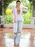 Splendid White Gamthi Work Georgette Navratri Wear Peplum Style Top - Zeel Clothing