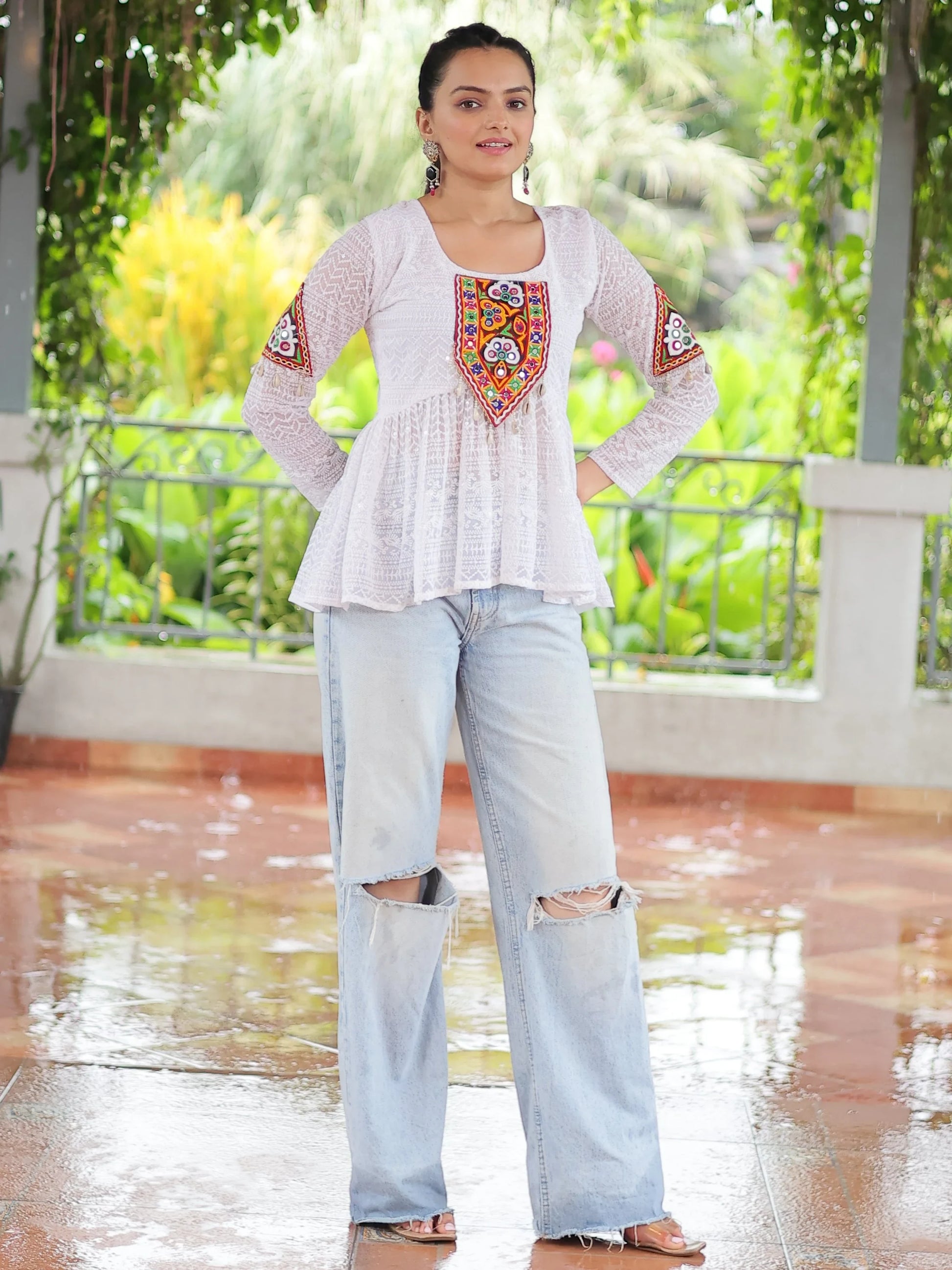 Splendid White Gamthi Work Georgette Navratri Wear Peplum Style Top - Zeel Clothing