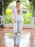 Splendid White Gamthi Work Georgette Navratri Wear Peplum Style Top - Zeel Clothing
