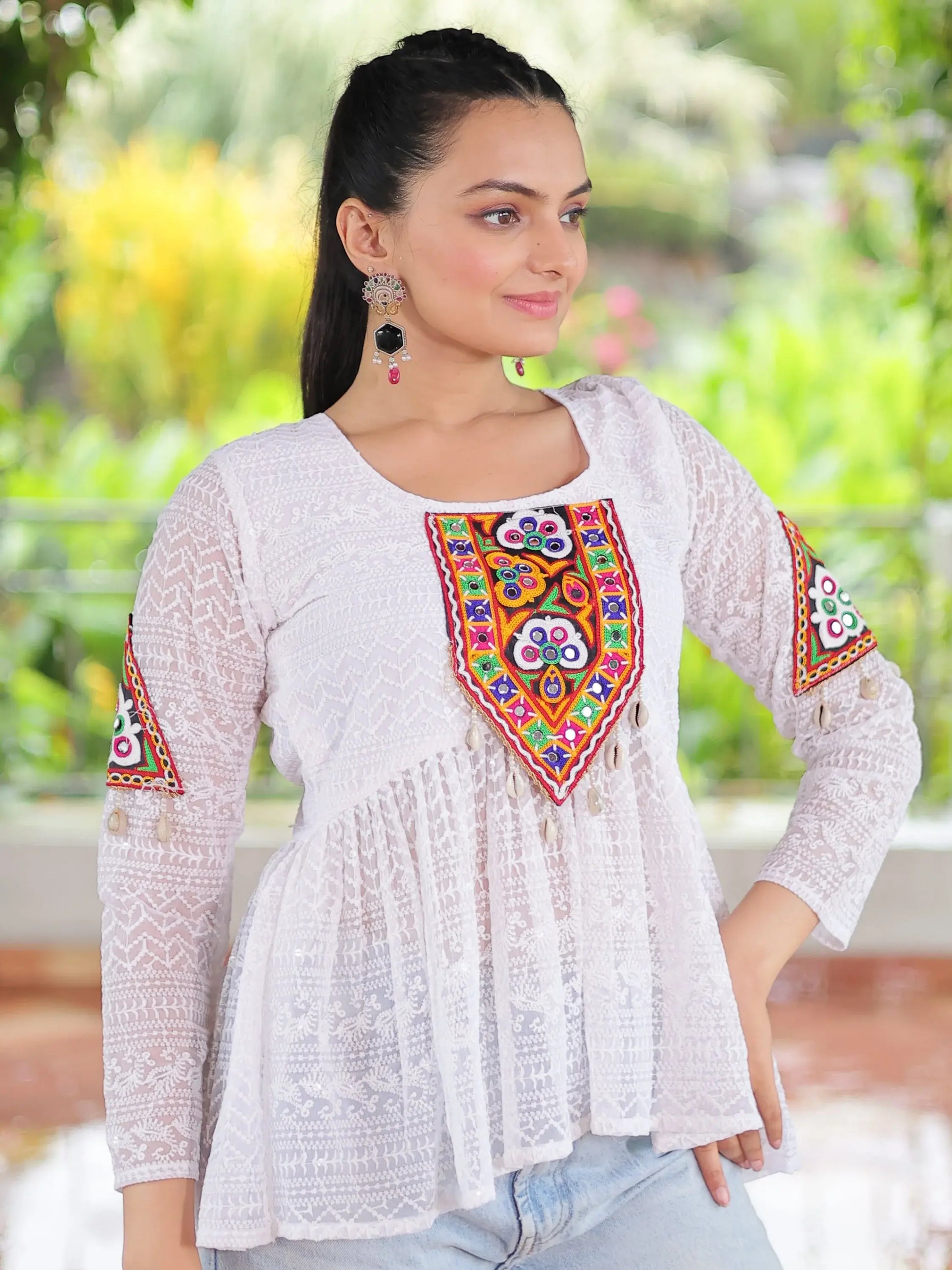 Splendid White Gamthi Work Georgette Navratri Wear Peplum Style Top - Zeel Clothing