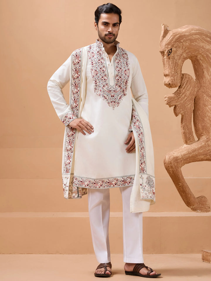 Splendid White Sequins Work Viscose Silk Event Wear Men's Kurta With Dupatta