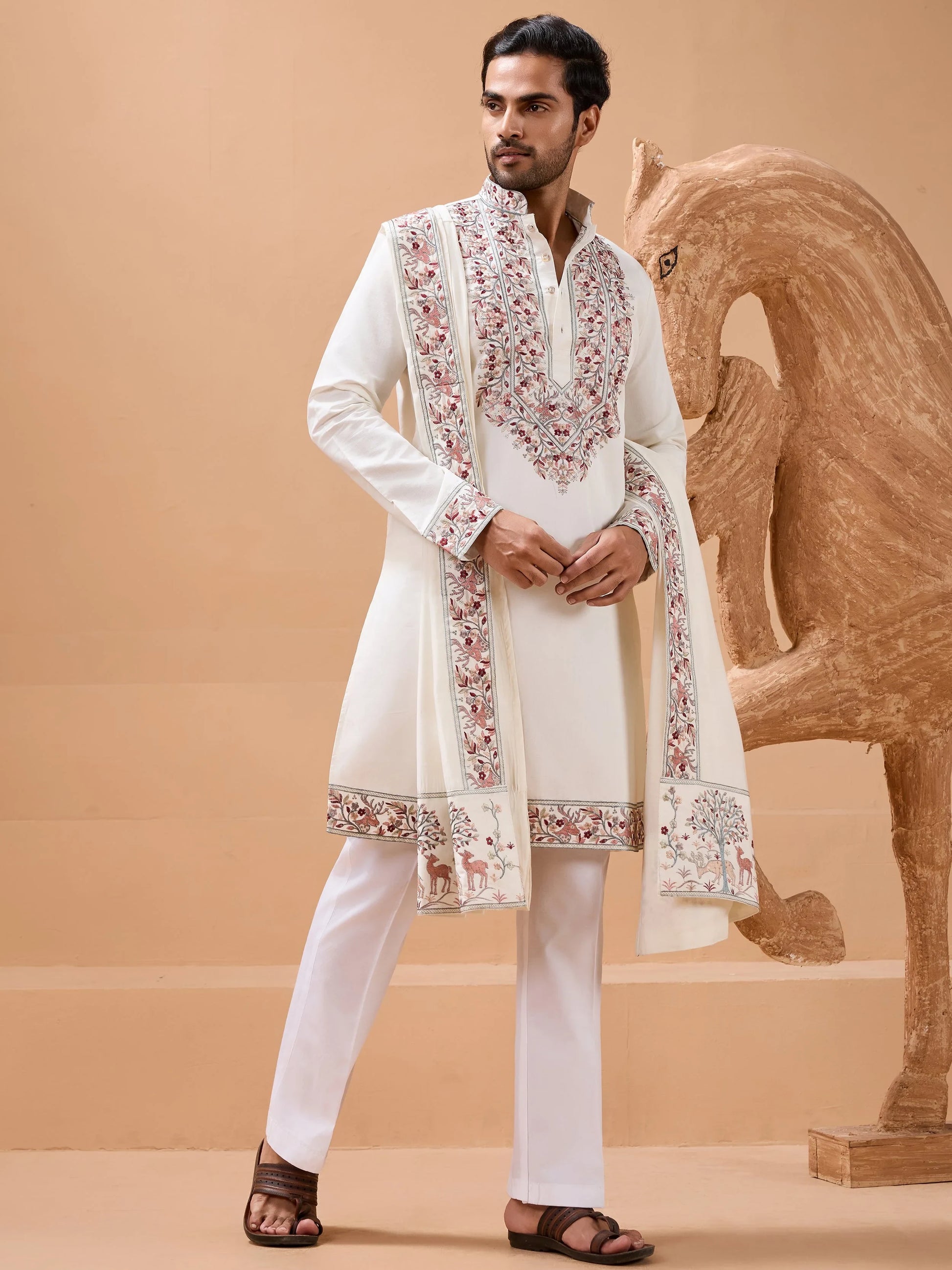 Splendid White Sequins Work Viscose Silk Event Wear Men's Kurta With Dupatta