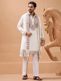 Splendid White Sequins Work Viscose Silk Event Wear Men's Kurta With Dupatta