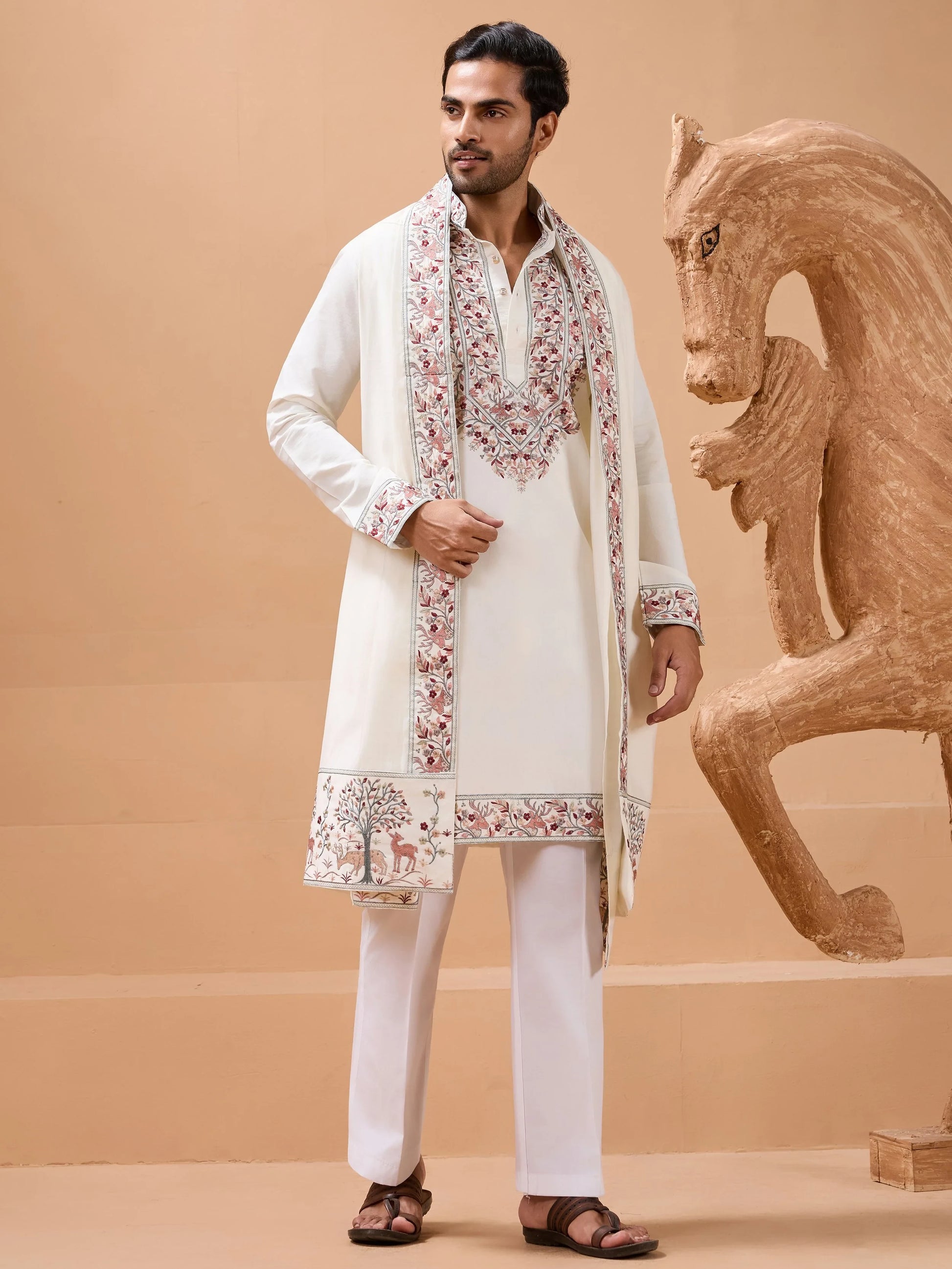 Splendid White Sequins Work Viscose Silk Event Wear Men's Kurta With Dupatta