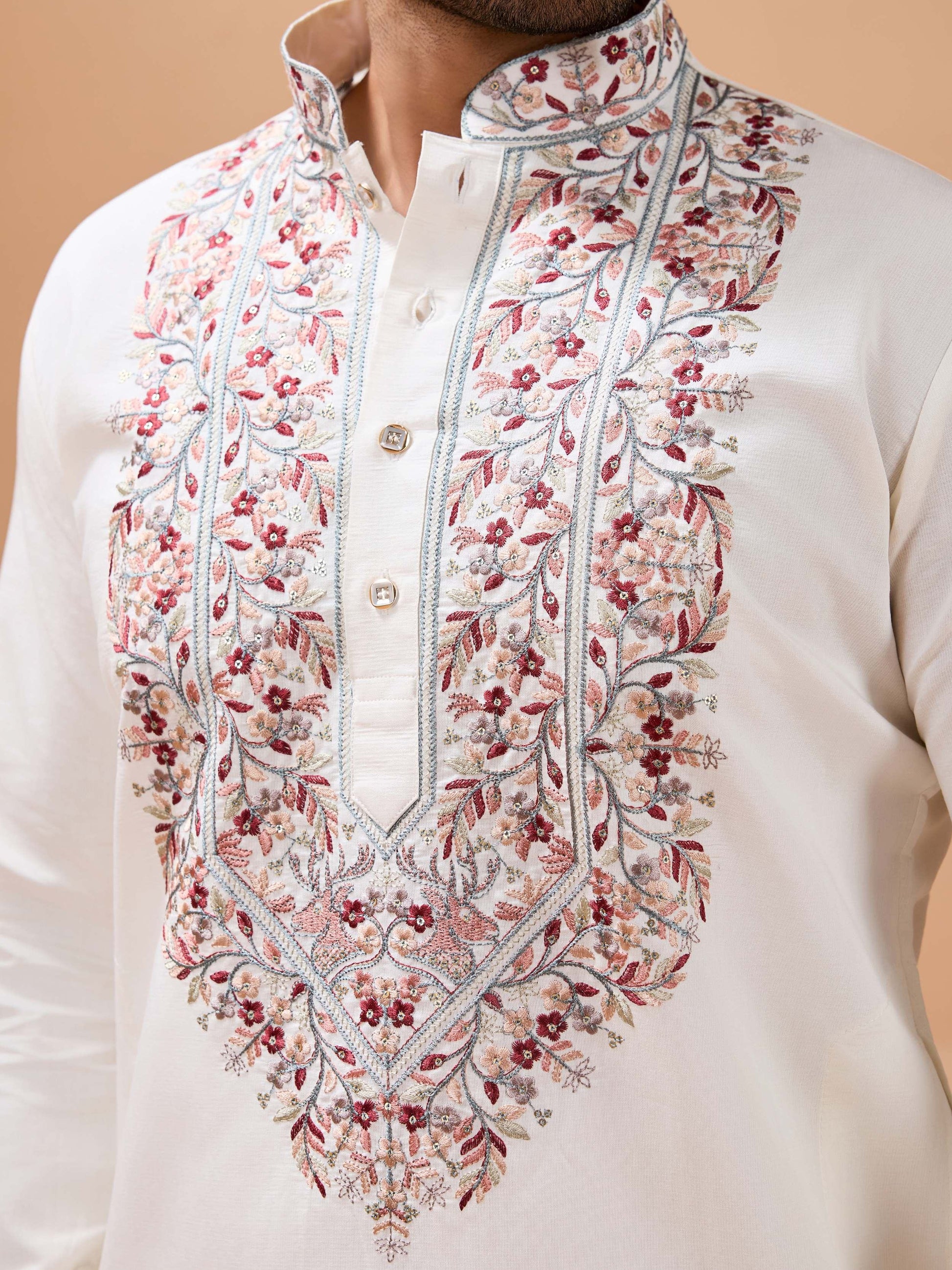 Splendid White Sequins Work Viscose Silk Event Wear Men's Kurta With Dupatta