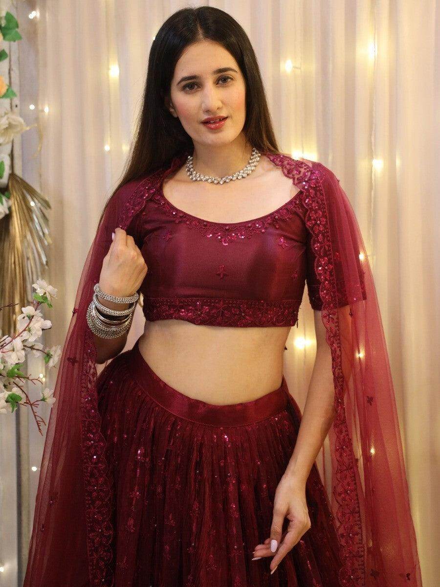Splendid Wine Embroidered Net Reception Wear Lehenga Choli With Dupatta - Zeel Clothing