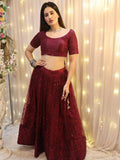Splendid Wine Embroidered Net Reception Wear Lehenga Choli With Dupatta - Zeel Clothing