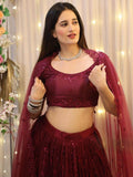 Splendid Wine Embroidered Net Reception Wear Lehenga Choli With Dupatta - Zeel Clothing