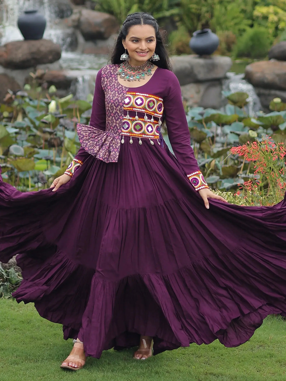 Splendid Wine Gamthi Work Rayon Navratri Special Gown - Zeel Clothing