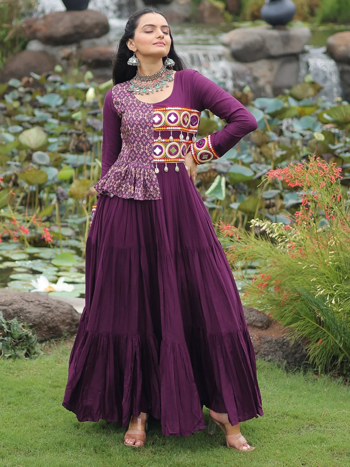 Splendid Wine Gamthi Work Rayon Navratri Special Gown - Zeel Clothing