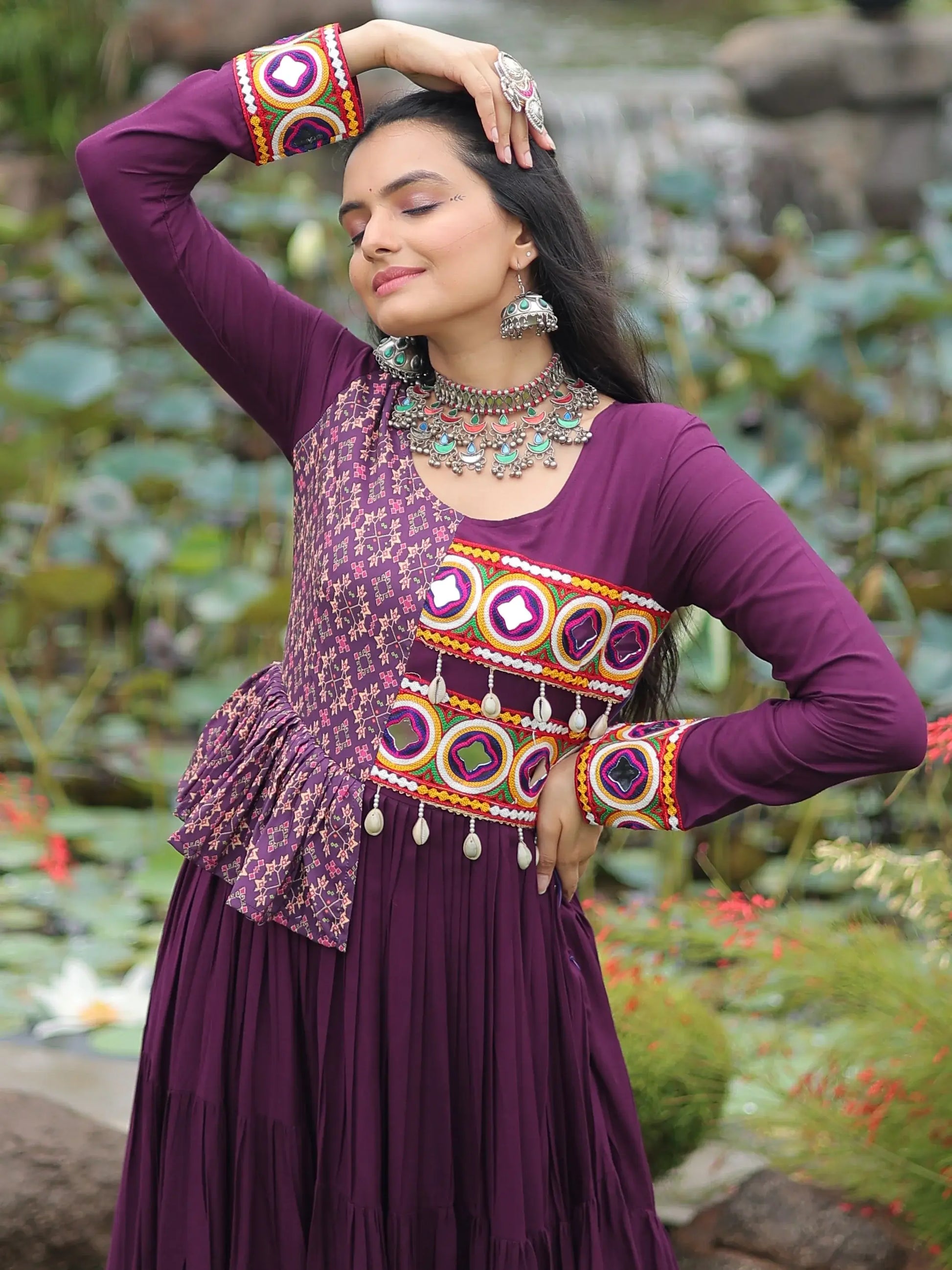Splendid Wine Gamthi Work Rayon Navratri Special Gown - Zeel Clothing
