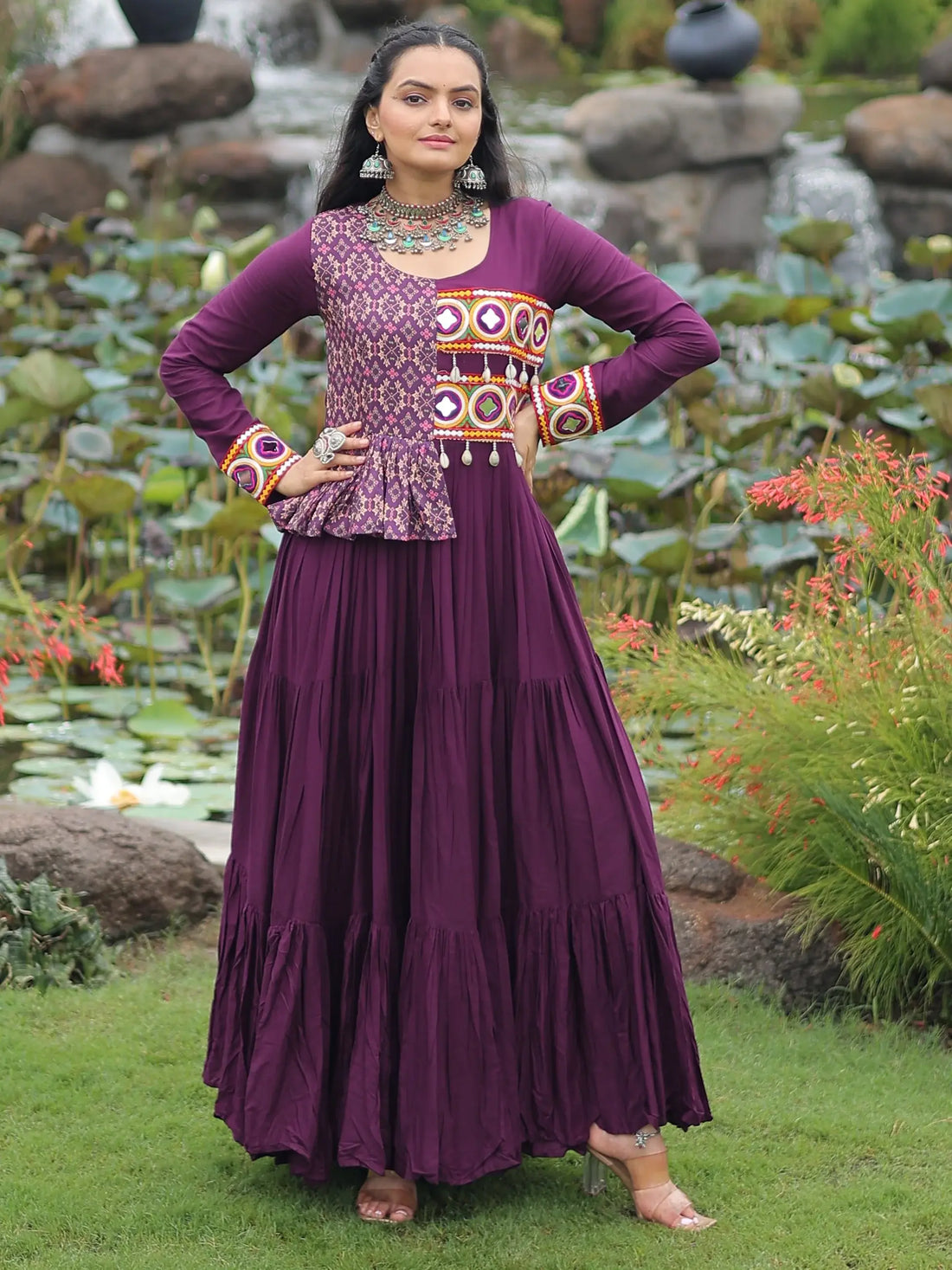 Splendid Wine Gamthi Work Rayon Navratri Special Gown - Zeel Clothing