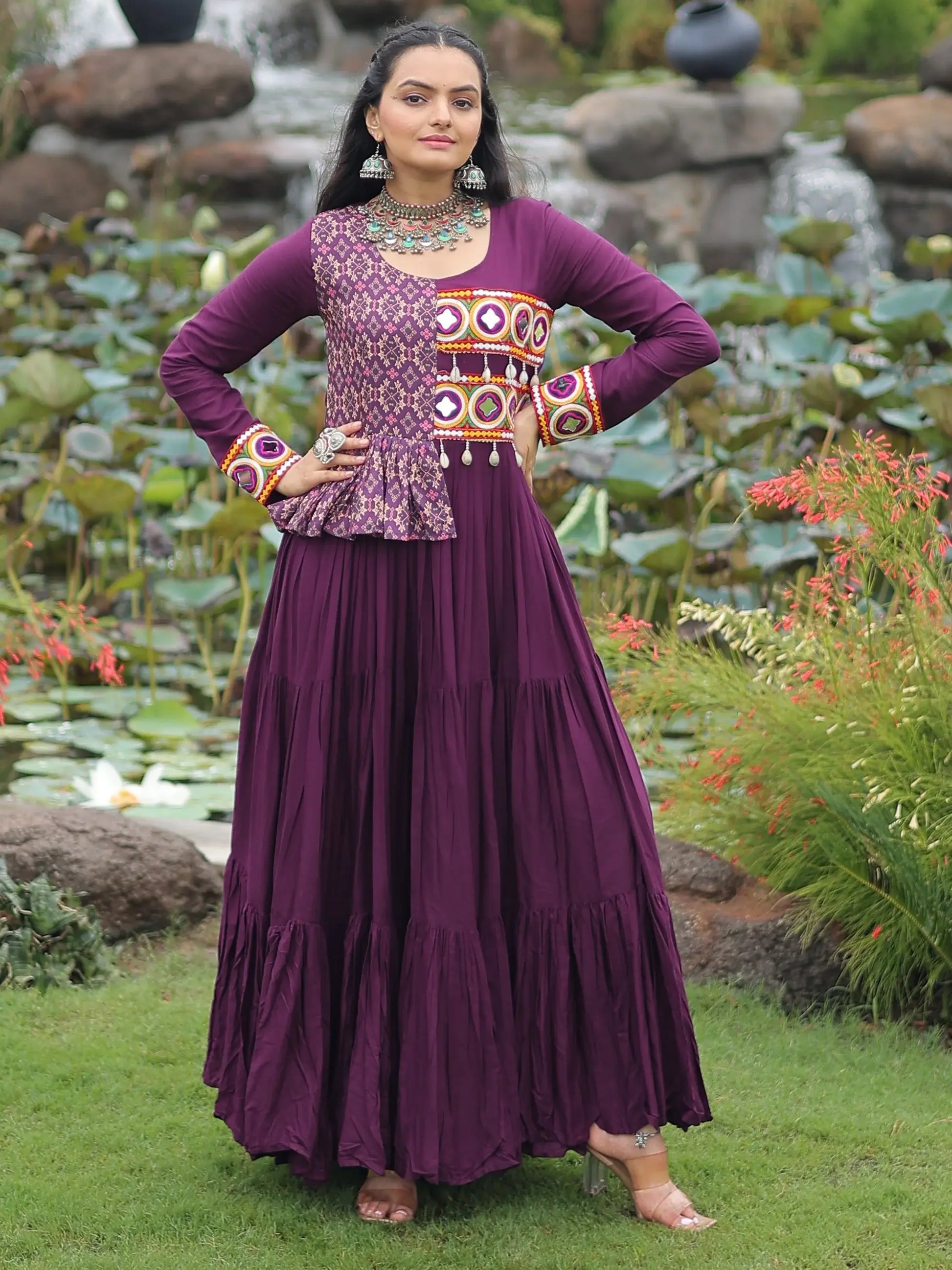 Splendid Wine Gamthi Work Rayon Navratri Special Gown - Zeel Clothing