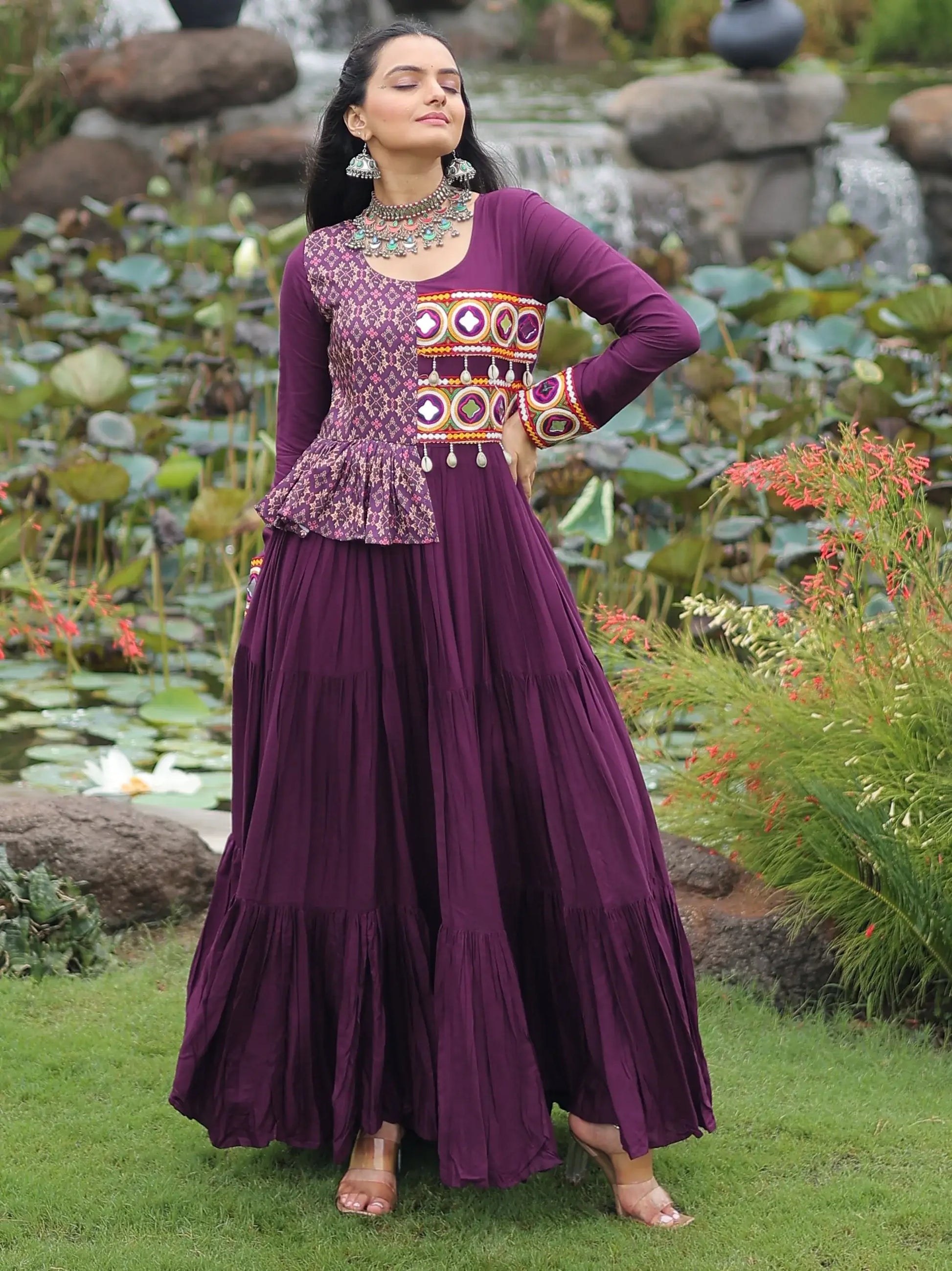 Splendid Wine Gamthi Work Rayon Navratri Special Gown - Zeel Clothing