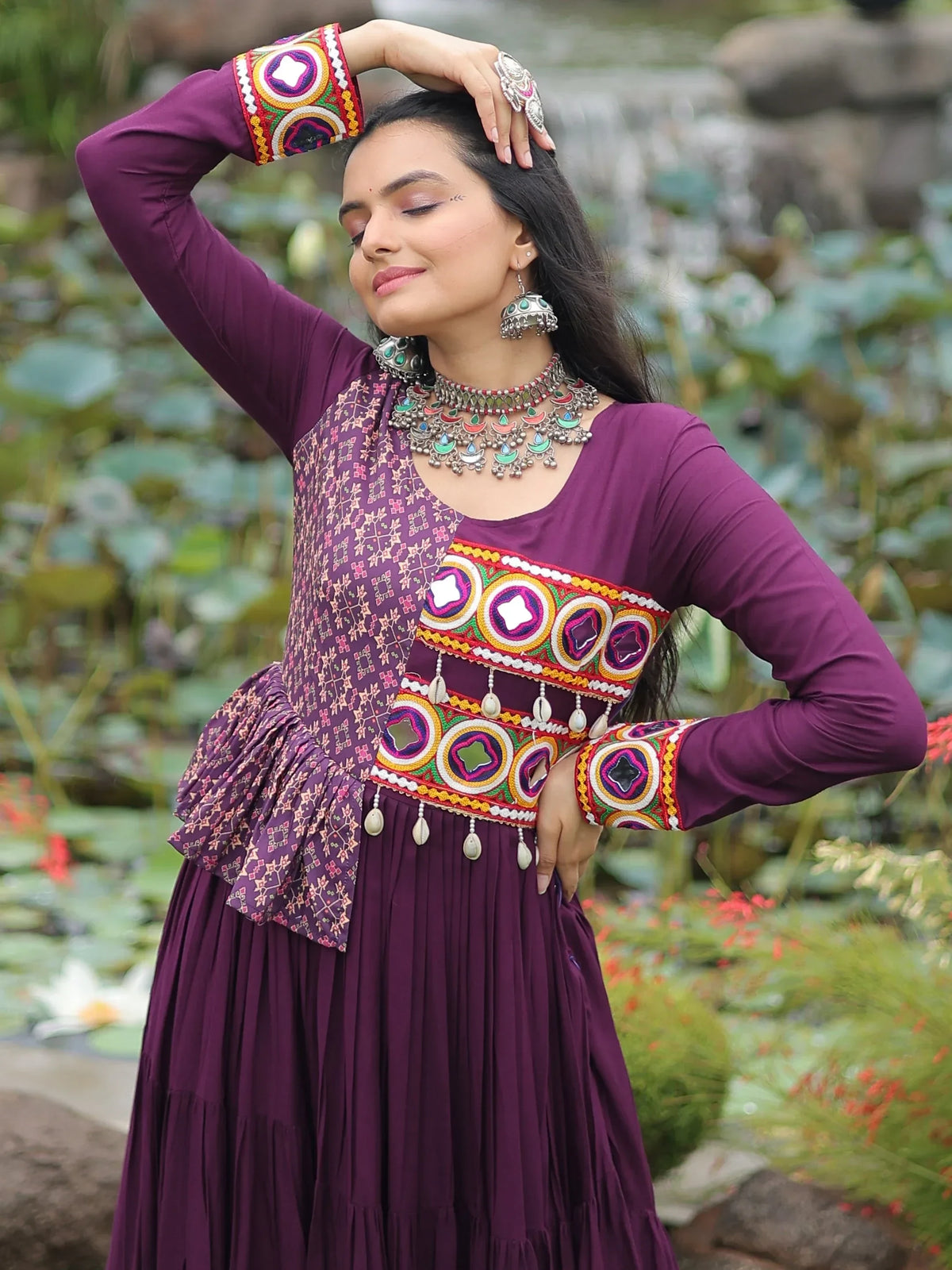 Splendid Wine Gamthi Work Rayon Navratri Special Gown - Zeel Clothing