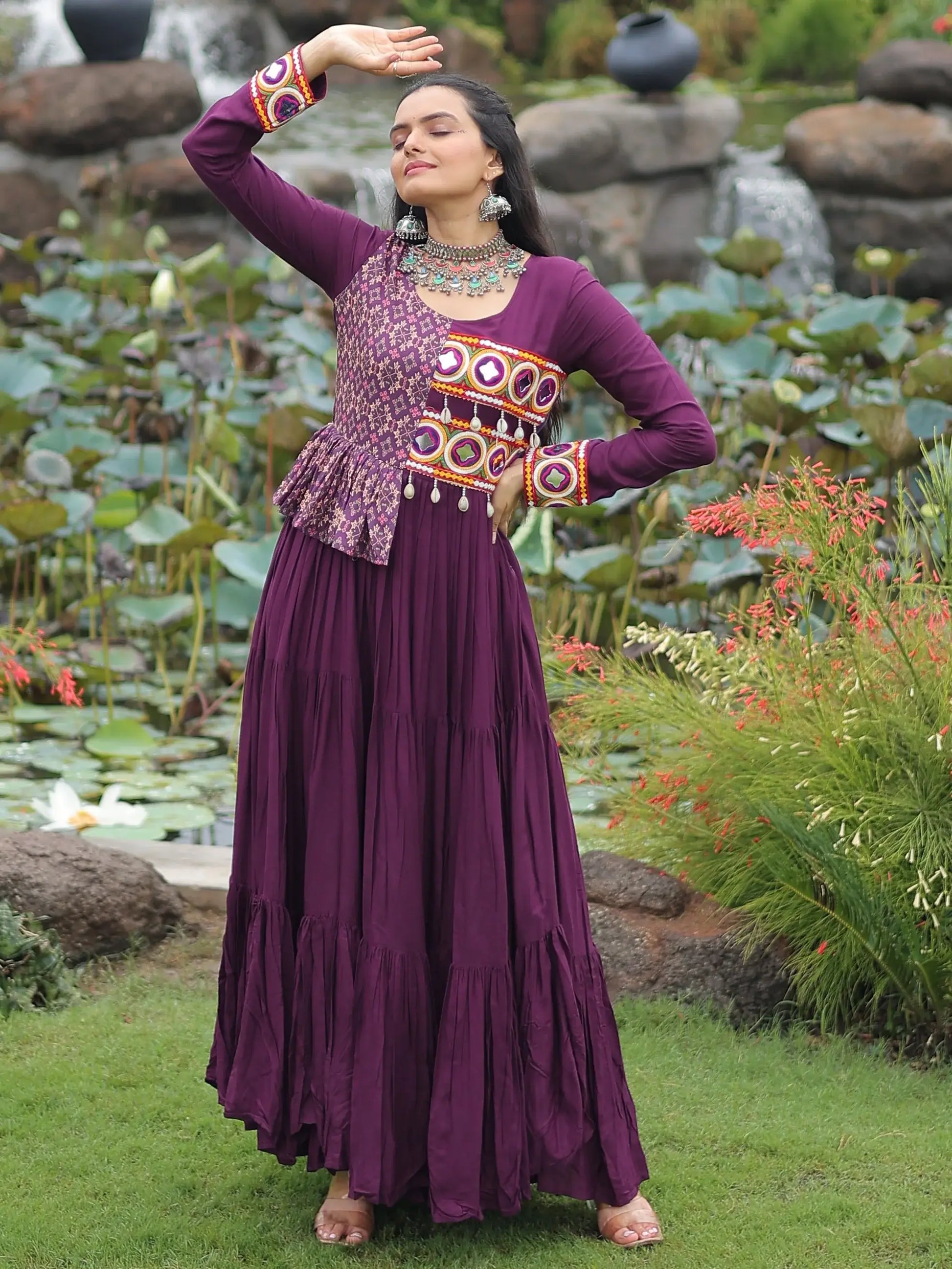Splendid Wine Gamthi Work Rayon Navratri Special Gown - Zeel Clothing