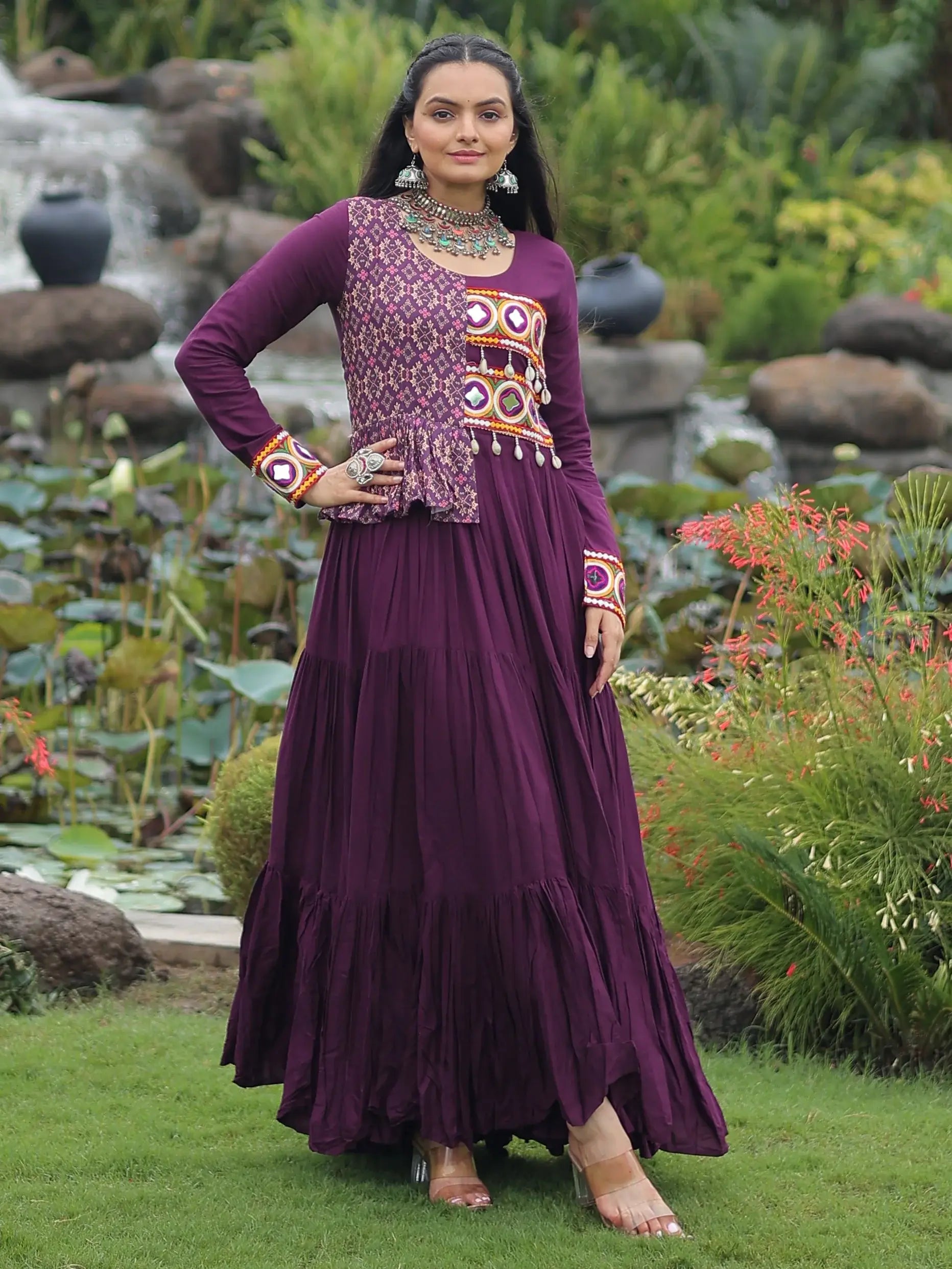 Splendid Wine Gamthi Work Rayon Navratri Special Gown - Zeel Clothing