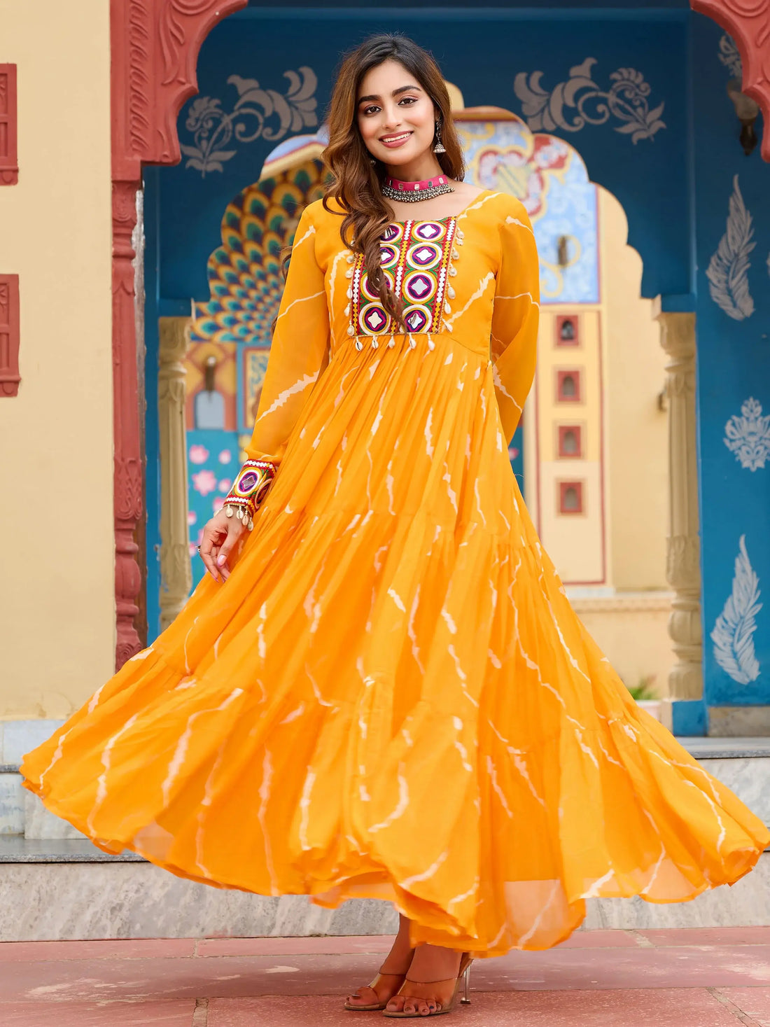 Splendid Yellow Laheriya Printed Georgette Navratri Wear Gown - Zeel Clothing