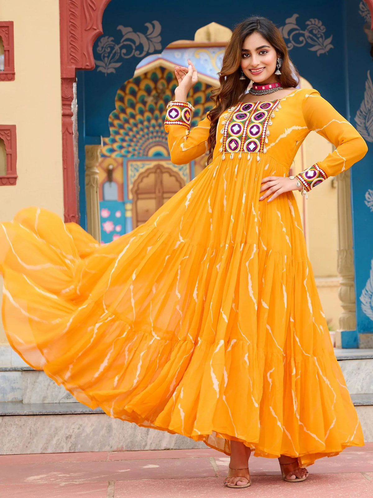 Splendid Yellow Laheriya Printed Georgette Navratri Wear Gown - Zeel Clothing
