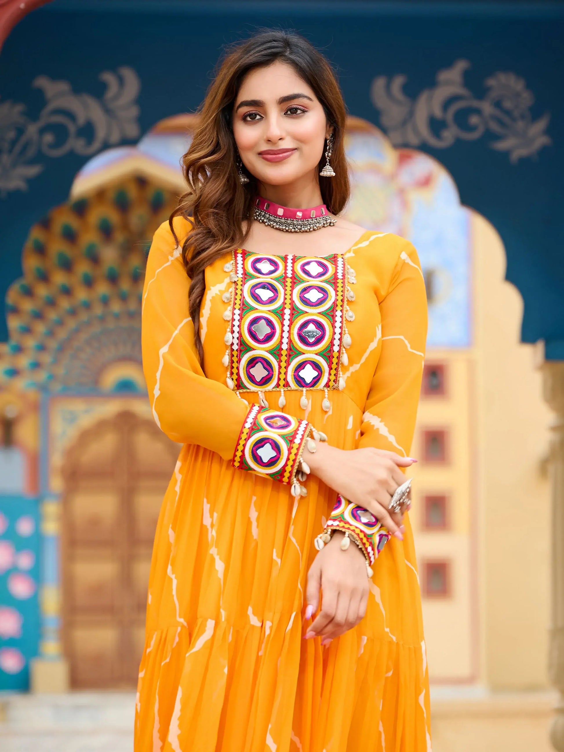 Splendid Yellow Laheriya Printed Georgette Navratri Wear Gown - Zeel Clothing