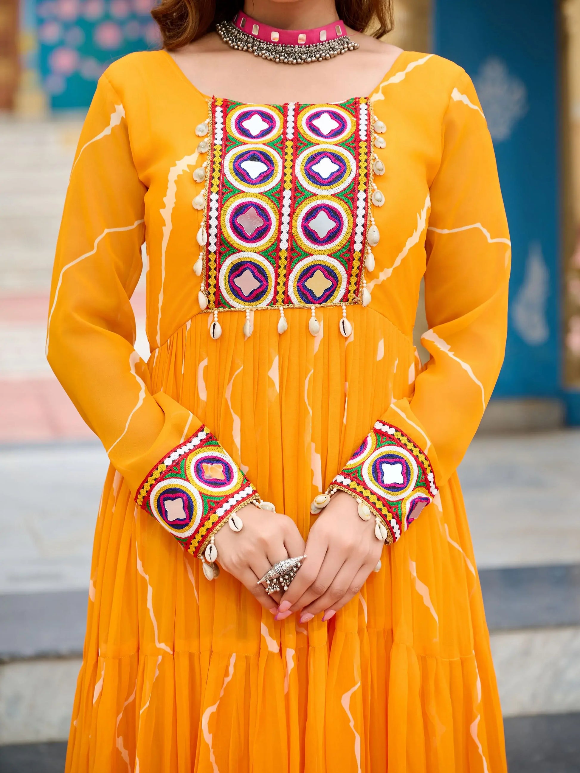 Splendid Yellow Laheriya Printed Georgette Navratri Wear Gown - Zeel Clothing