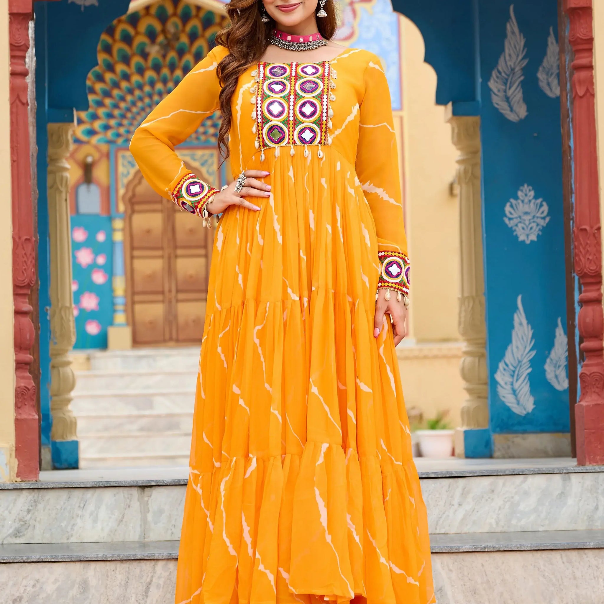 Splendid Yellow Laheriya Printed Georgette Navratri Wear Gown - Zeel Clothing