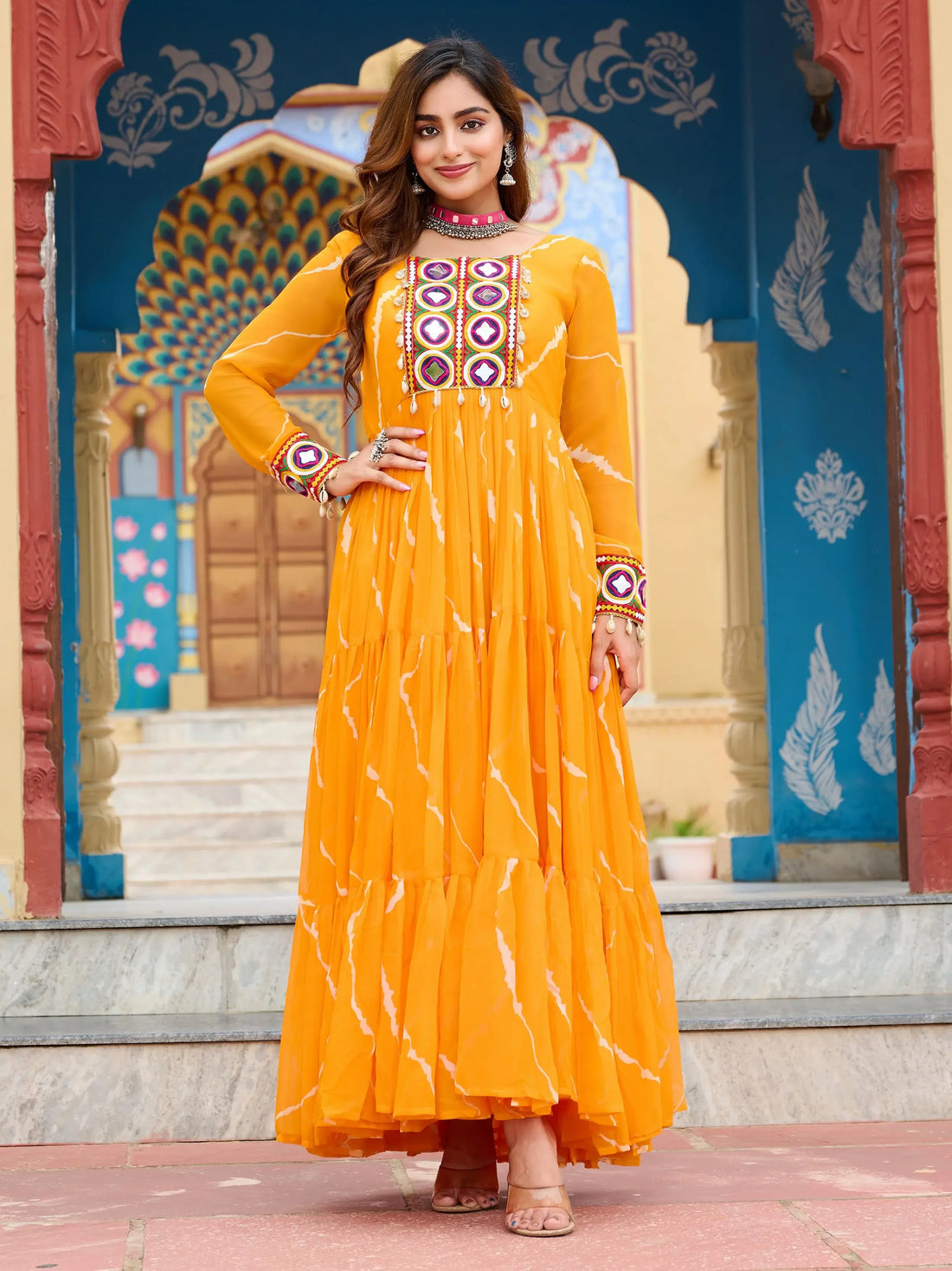 Splendid Yellow Laheriya Printed Georgette Navratri Wear Gown - Zeel Clothing