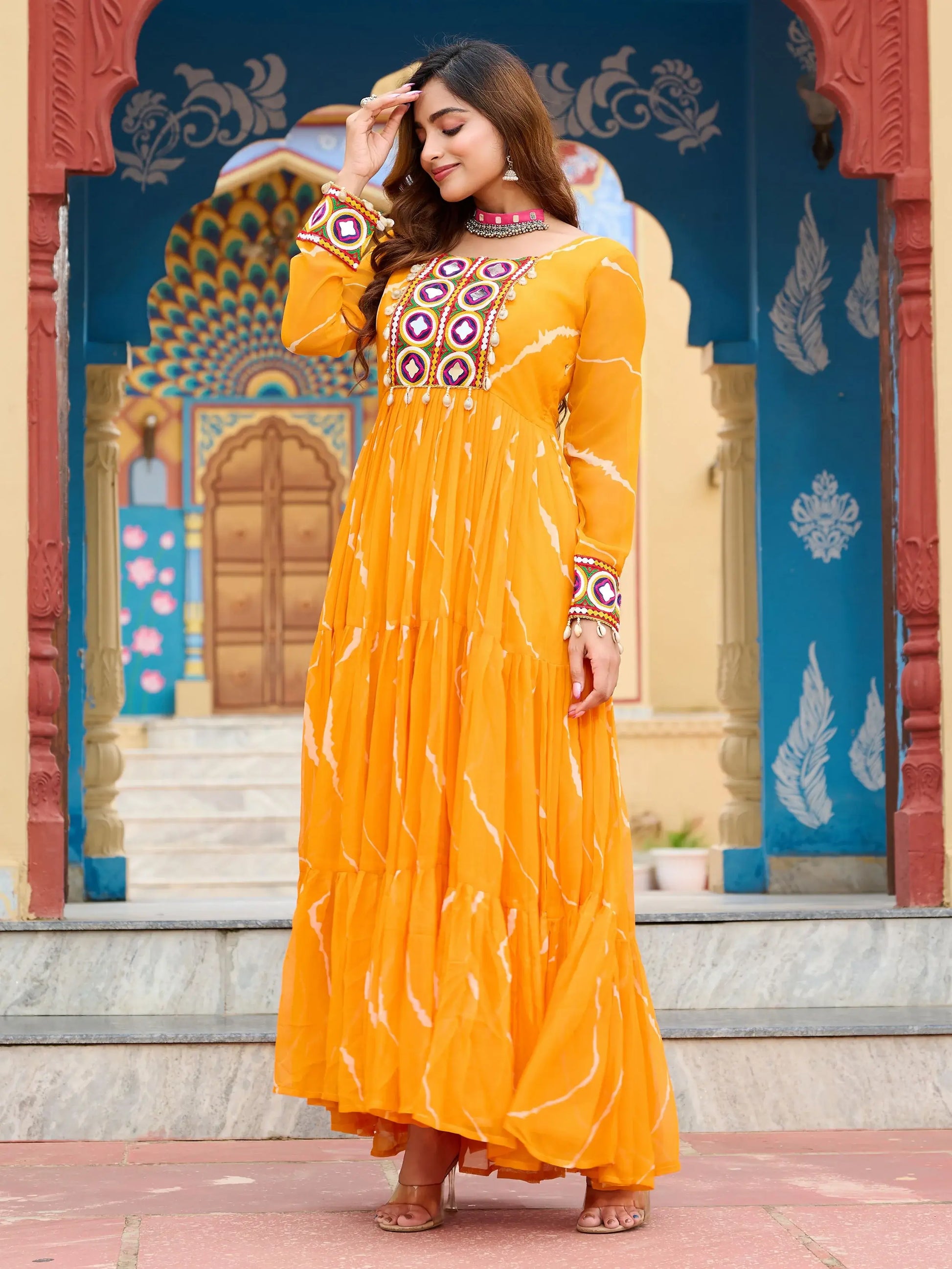 Splendid Yellow Laheriya Printed Georgette Navratri Wear Gown - Zeel Clothing