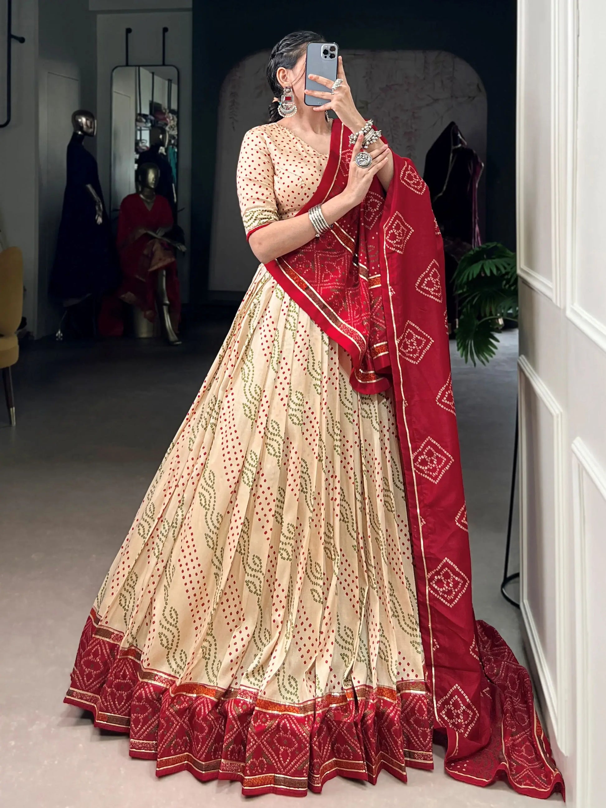 Statuesque Off-White Bandhej Print Tussar Silk Festive Wear Lehenga With Blouse - Zeel Clothing