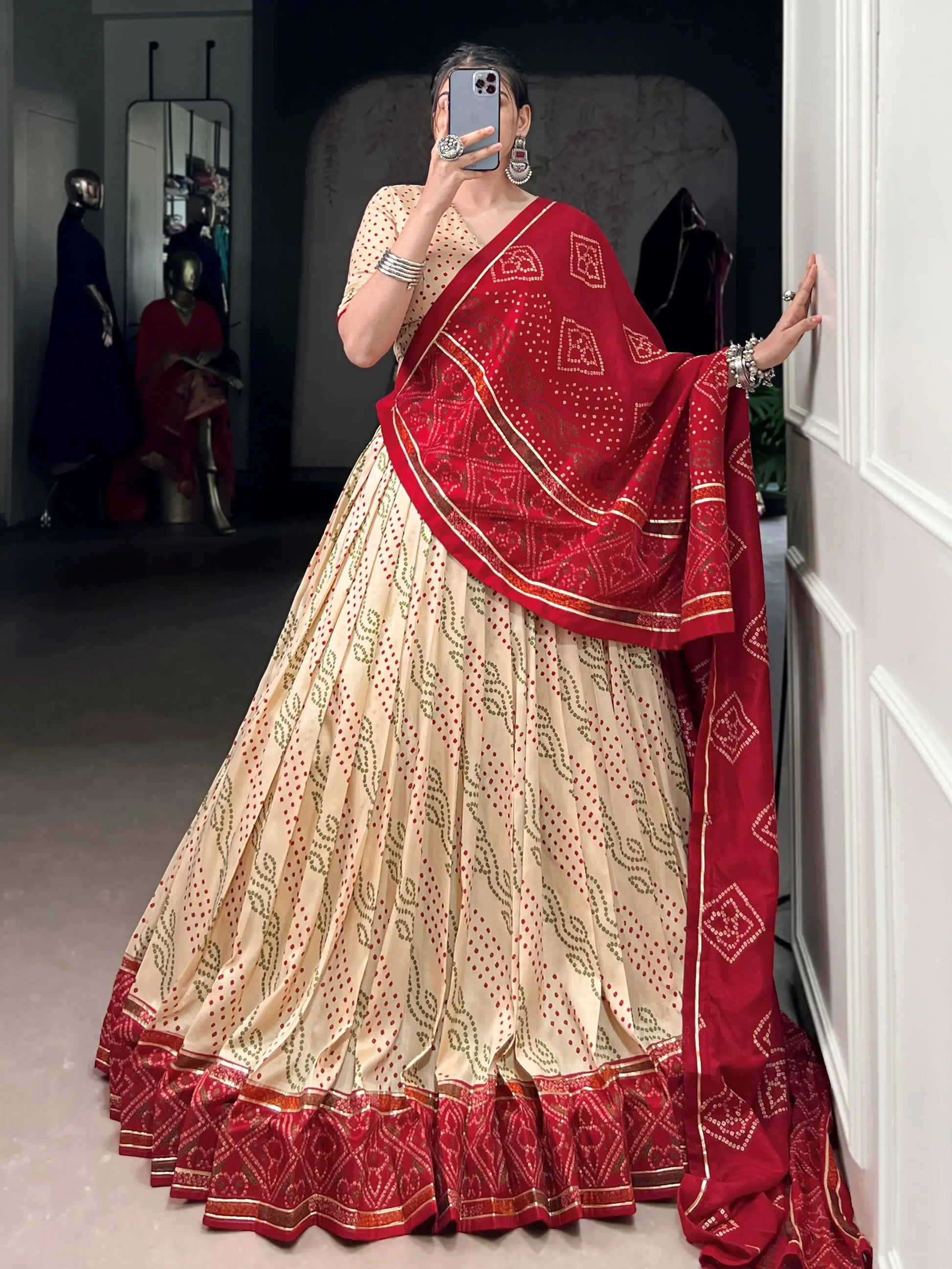 Statuesque Off-White Bandhej Print Tussar Silk Festive Wear Lehenga With Blouse - Zeel Clothing
