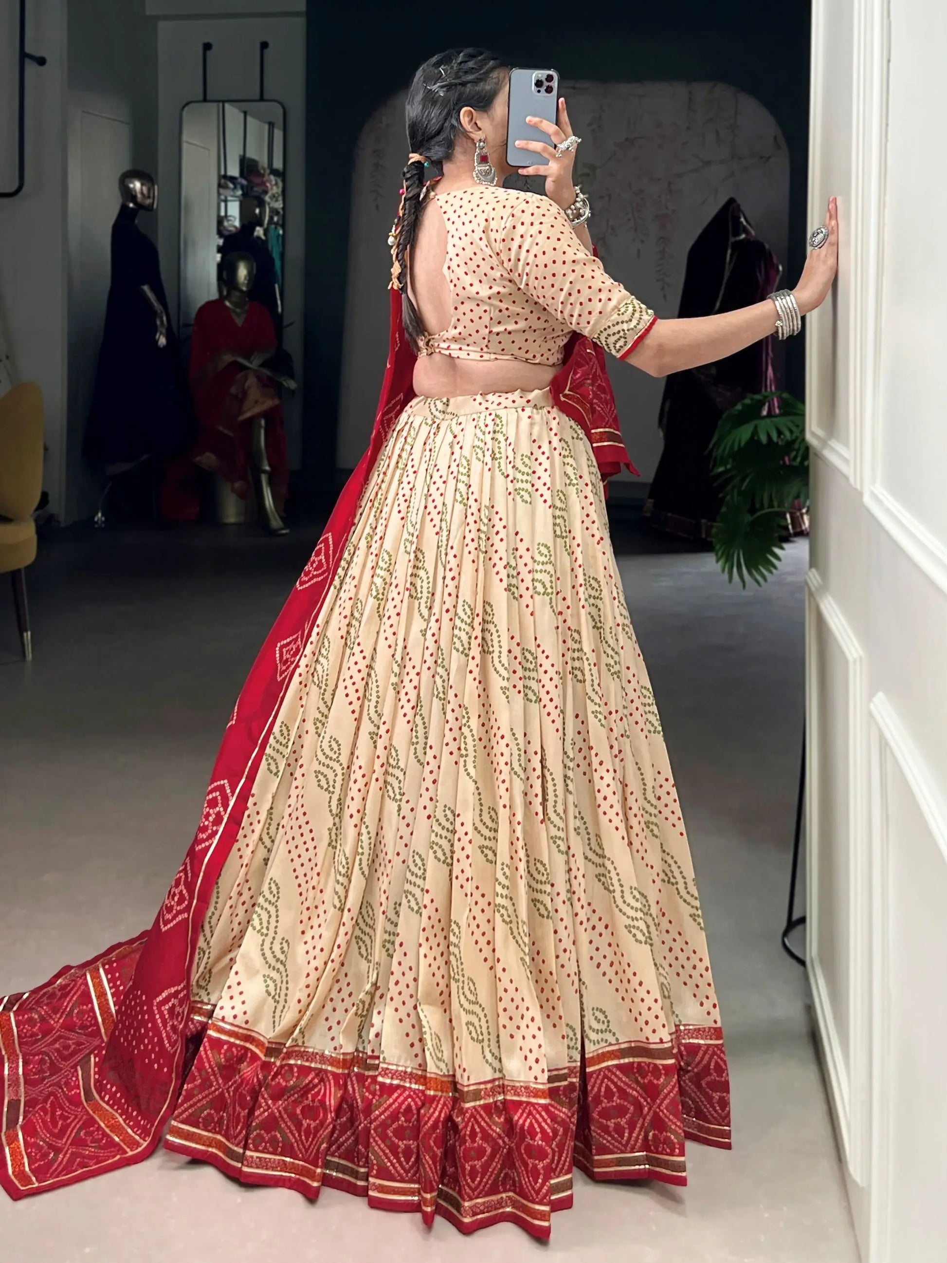 Statuesque Off-White Bandhej Print Tussar Silk Festive Wear Lehenga With Blouse - Zeel Clothing
