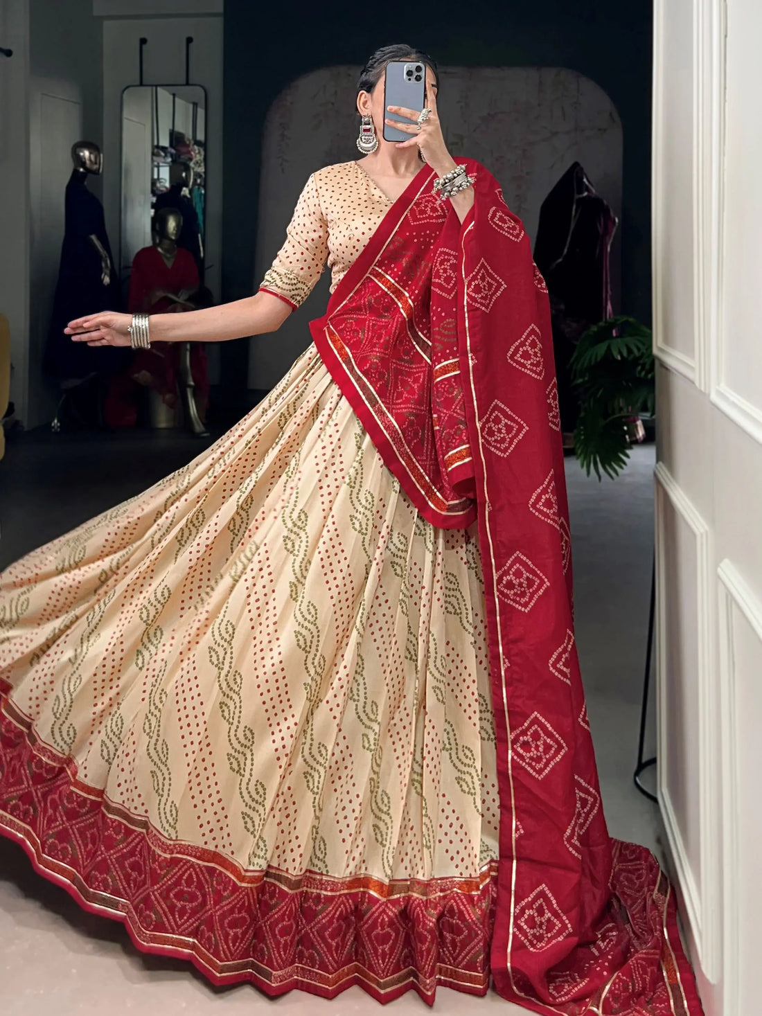 Statuesque Off-White Bandhej Print Tussar Silk Festive Wear Lehenga With Blouse - Zeel Clothing