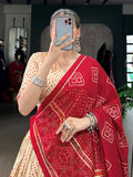 Statuesque Off-White Bandhej Print Tussar Silk Festive Wear Lehenga With Blouse - Zeel Clothing