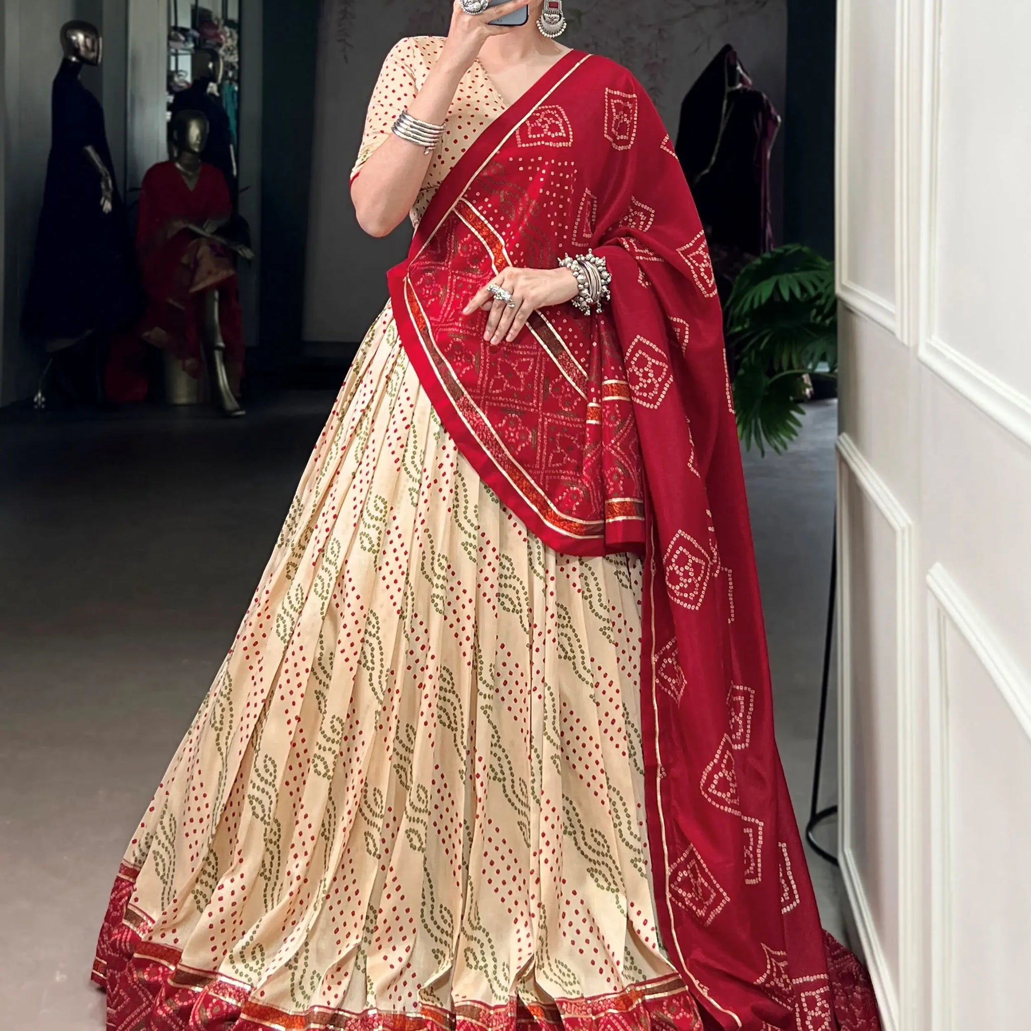 Statuesque Off-White Bandhej Print Tussar Silk Festive Wear Lehenga With Blouse - Zeel Clothing