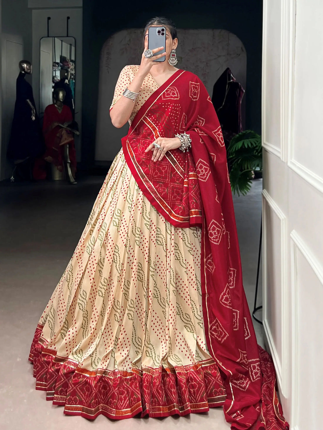 Statuesque Off-White Bandhej Print Tussar Silk Festive Wear Lehenga With Blouse - Zeel Clothing