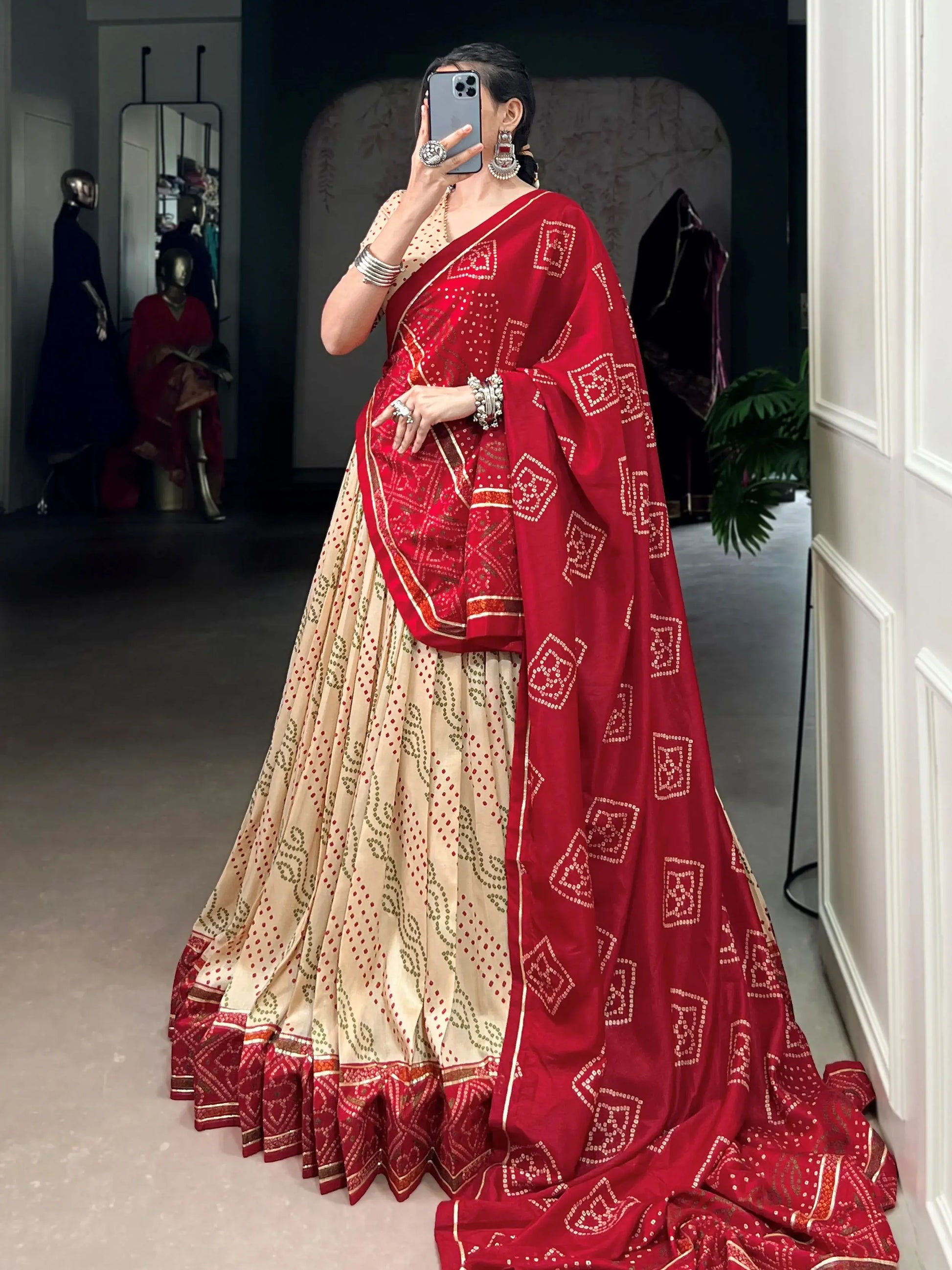 Statuesque Off-White Bandhej Print Tussar Silk Festive Wear Lehenga With Blouse - Zeel Clothing
