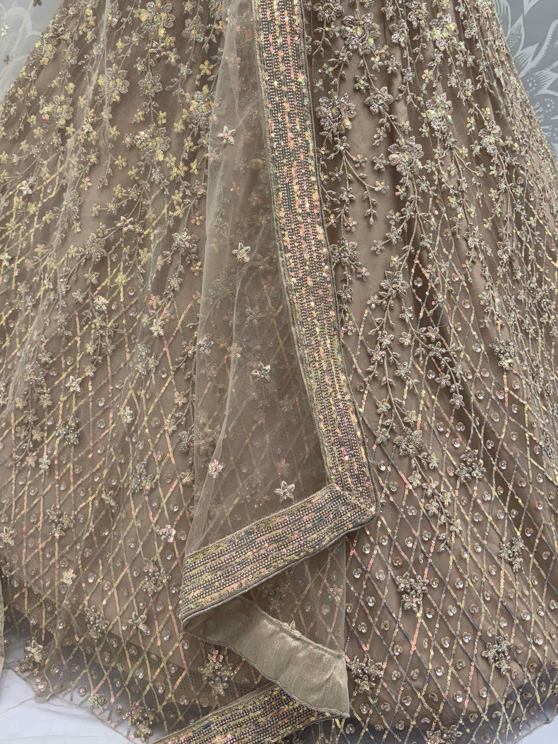 Stellar Beige Sequins Embroidered Net Lehenga Choli With Dupatta