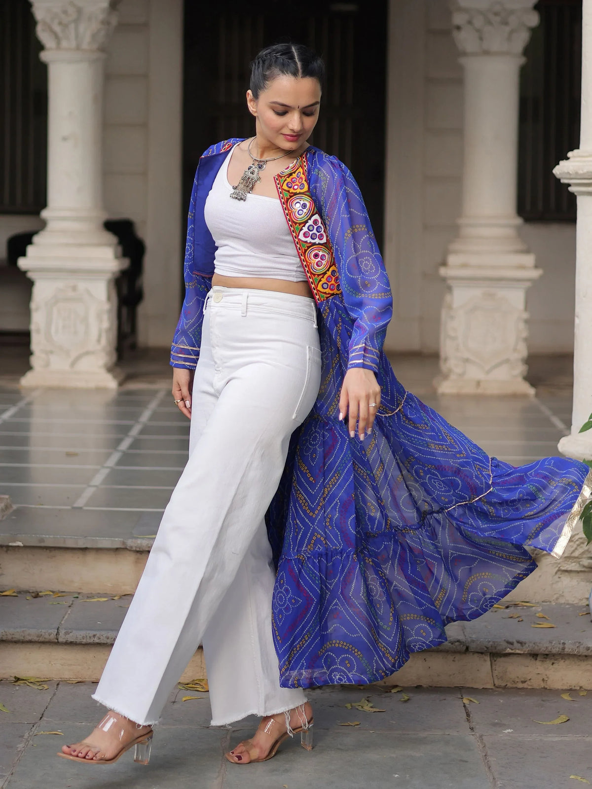 Stellar Blue Bandhani Printed Georgette Navratri Special Shrug