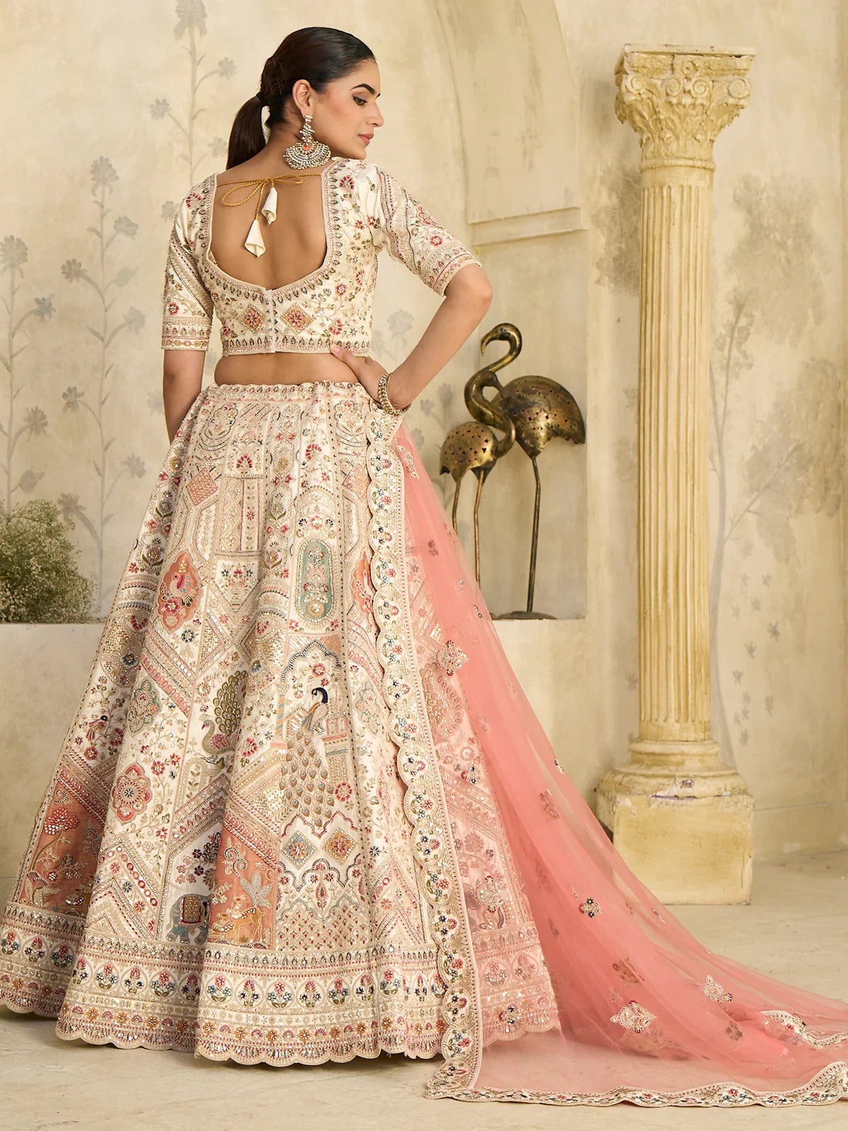 Stellar Cream Thread Embroidered Silk Bridal Lehenga Choli With Dupatta