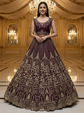 Stellar Dark Maroon Heavy Embroidered Net Bridal Lehenga Choli With Dupatta