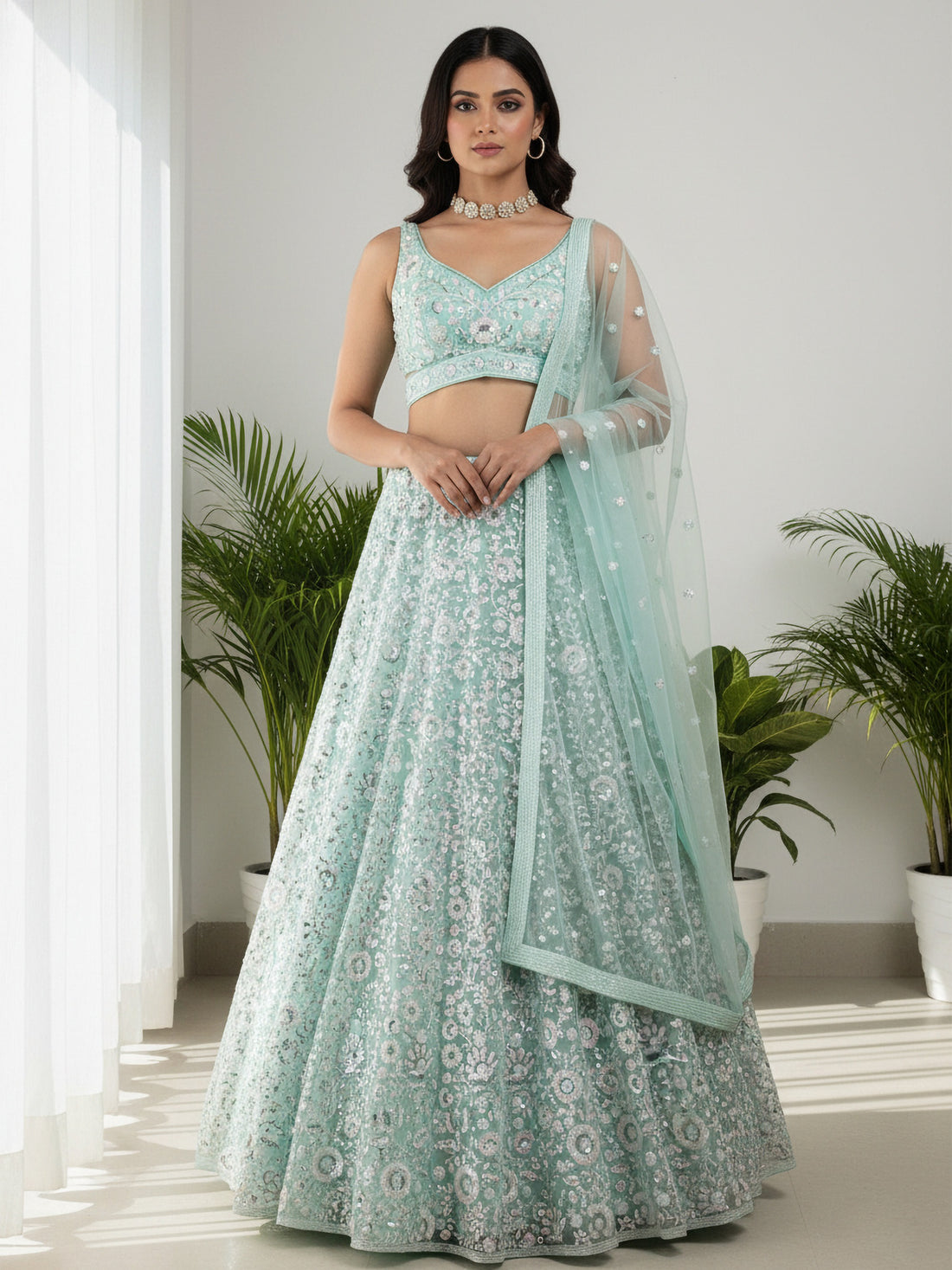 Stellar Green Sequins Net Bridesmaid Lehenga Choli With Dupatta