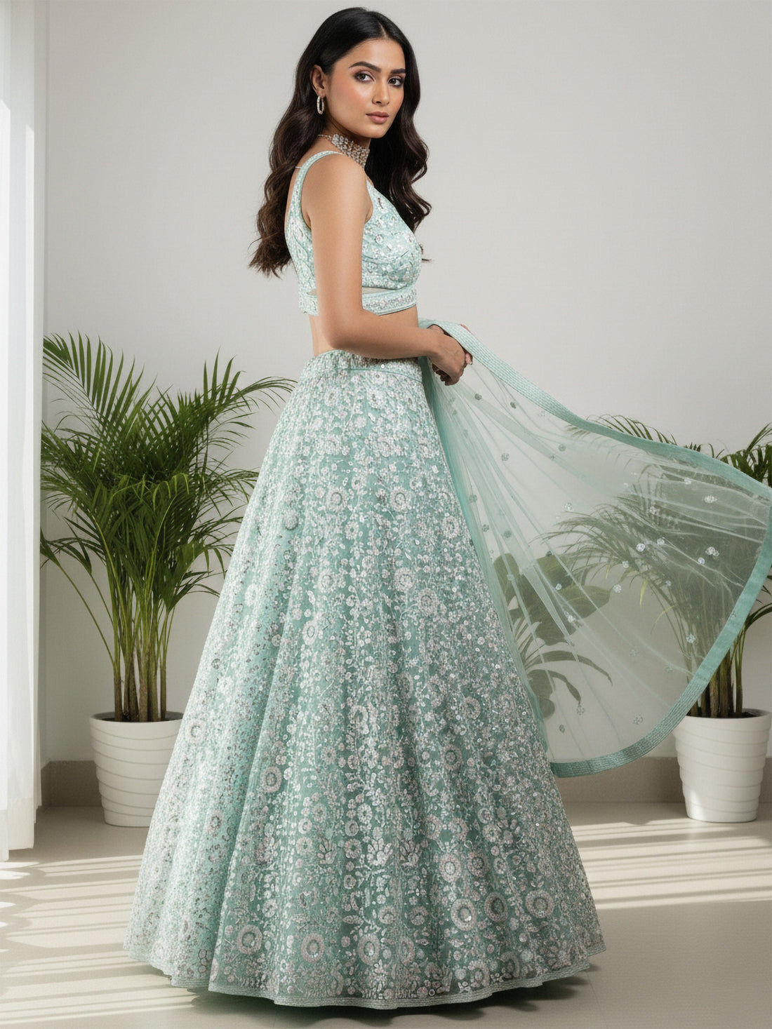 Stellar Green Sequins Net Bridesmaid Lehenga Choli With Dupatta