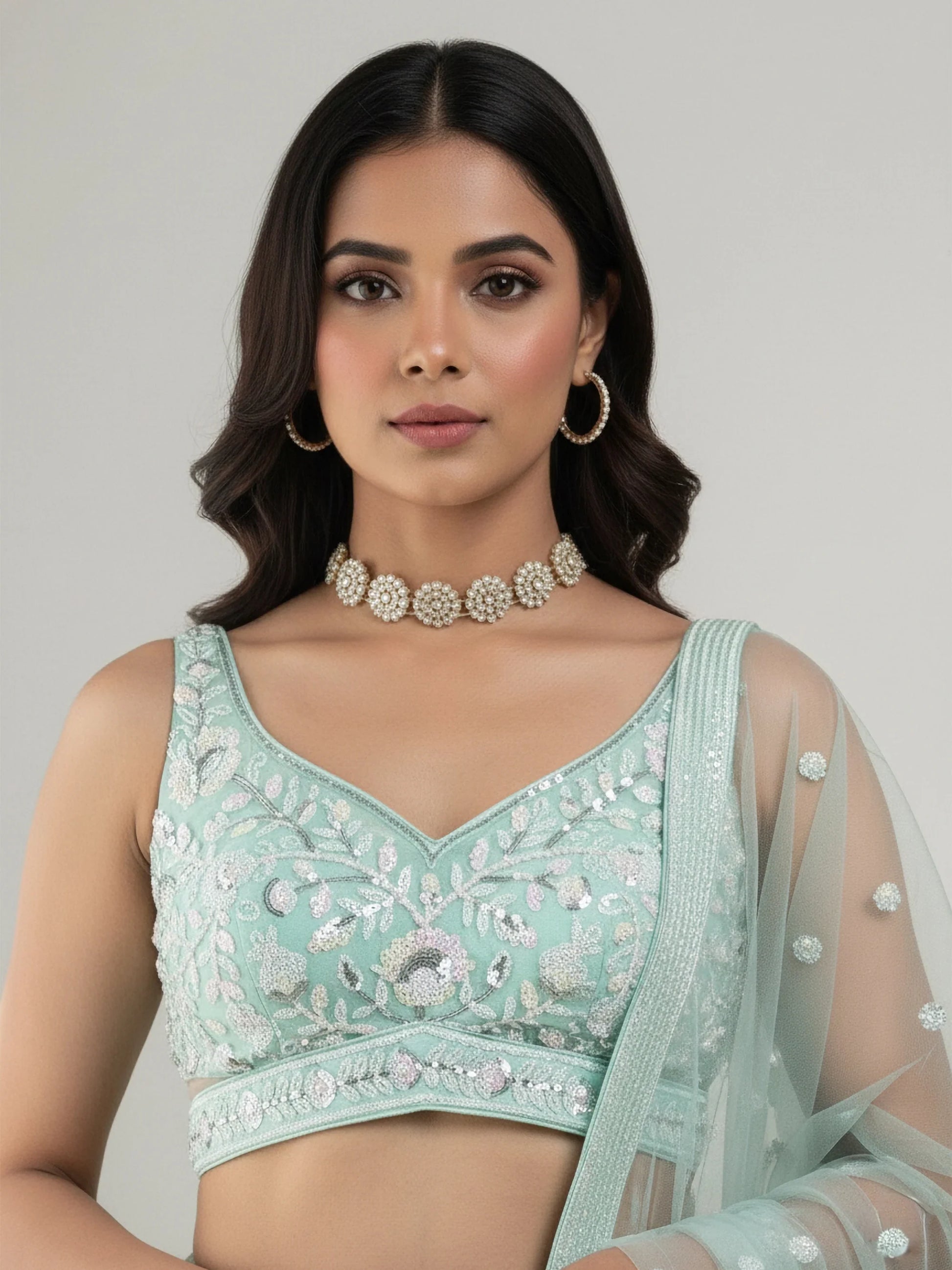 Stellar Green Sequins Net Bridesmaid Lehenga Choli With Dupatta