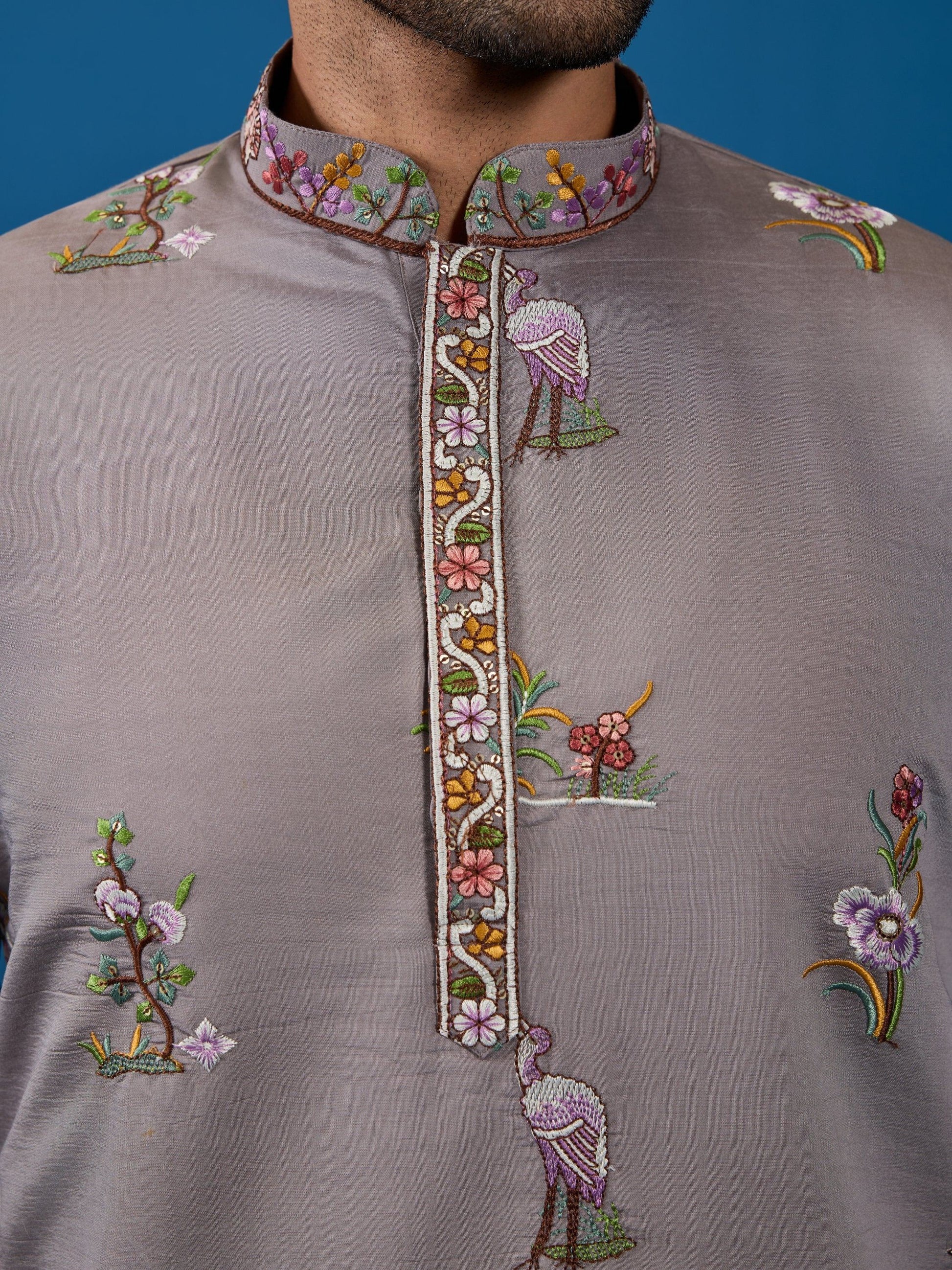 Stellar Grey Embroidered Viscose Silk Festive Wear Men Kurta And Pant