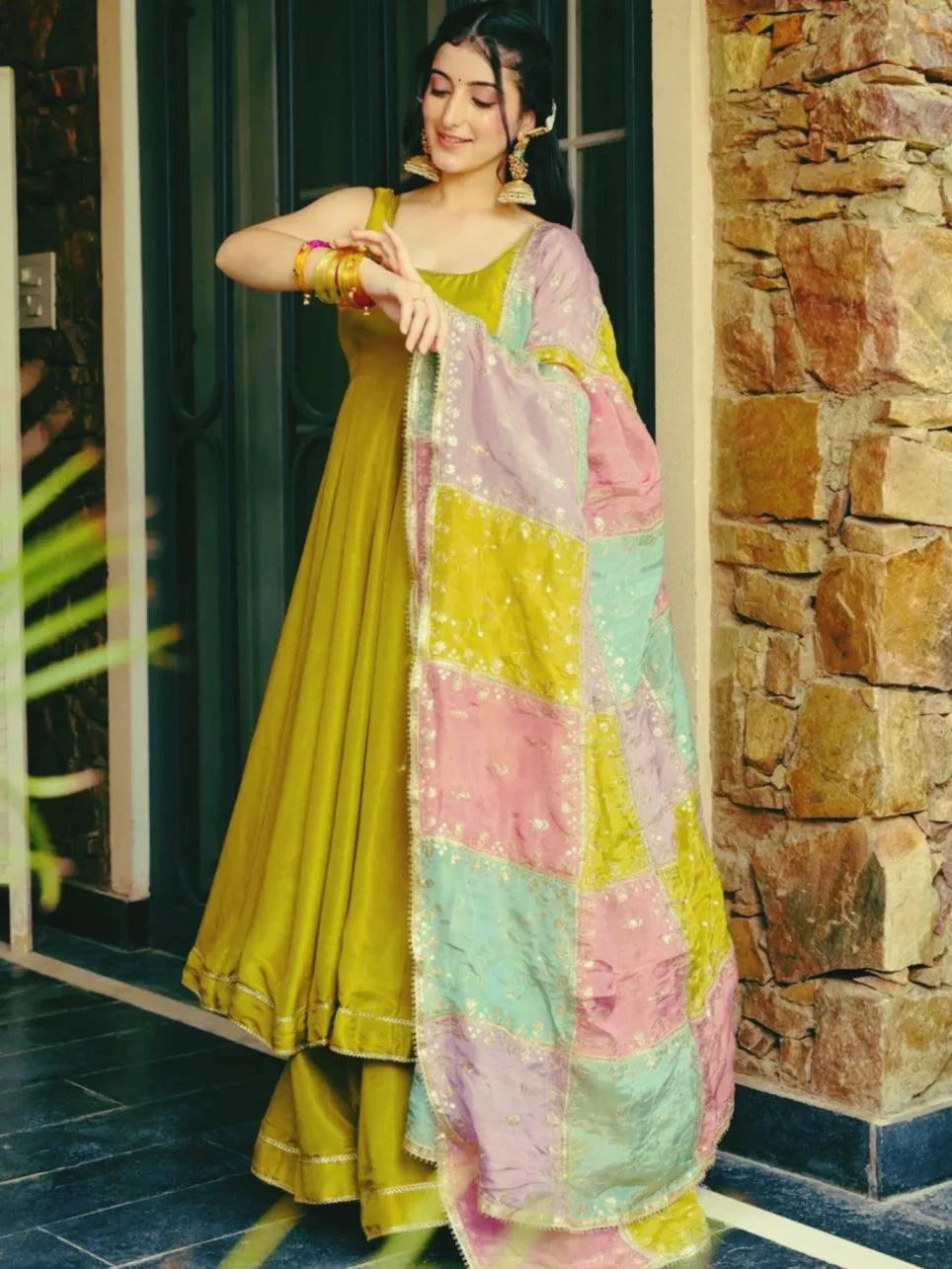 Stellar Olive Green Lace Border Roman Silk Mehendi Wear Anarkali Gown With Dupatta