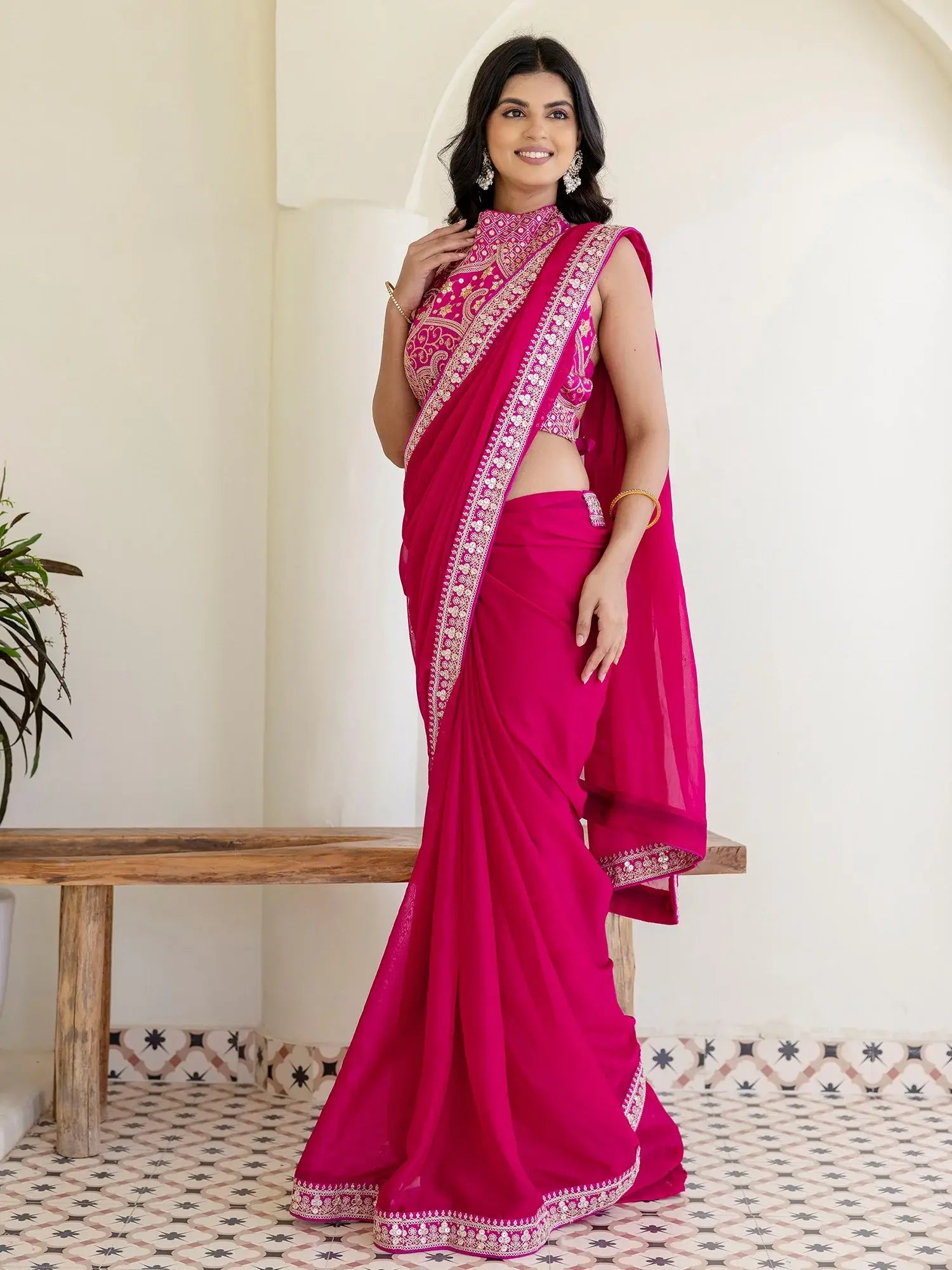 Stellar Rani Pink Border Work Silk Engagement Wear Saree With Blouse - Zeel Clothing